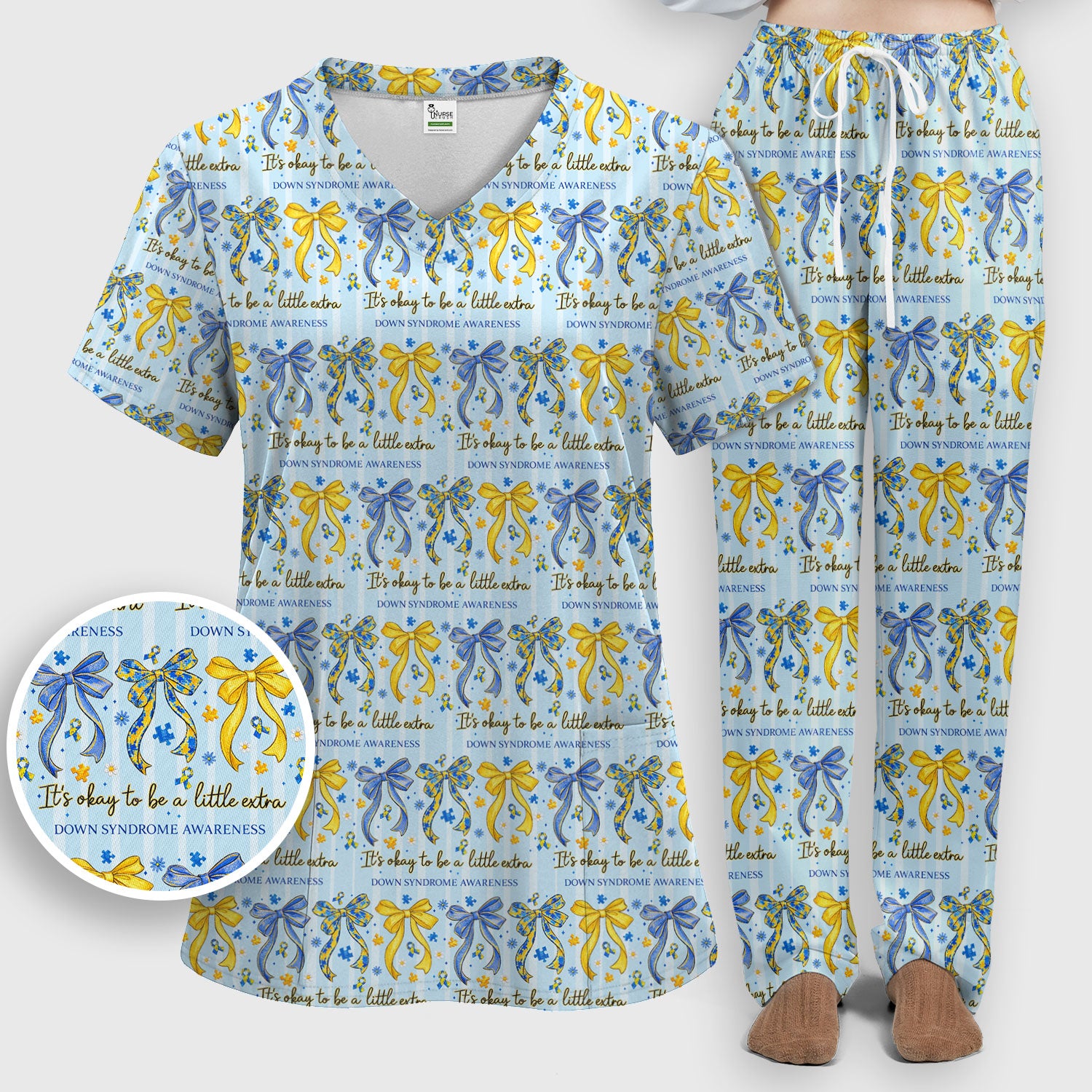 Down Syndrome Awareness Ribbon Pattern Scrub Set, Scrub Pants and V Neck Top