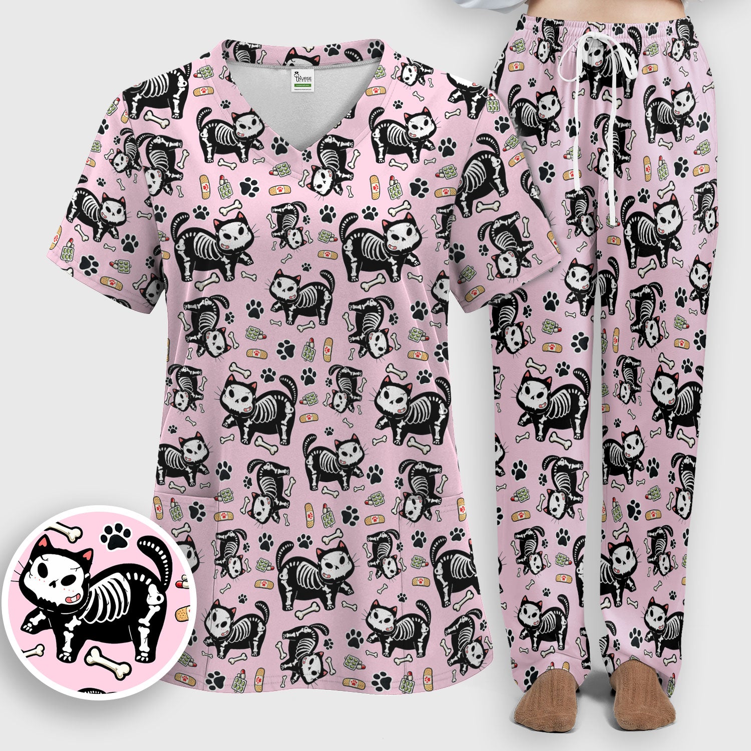 Skeleton Cat Medical Pattern Scrub Set, Scrub Pants and V Neck Top