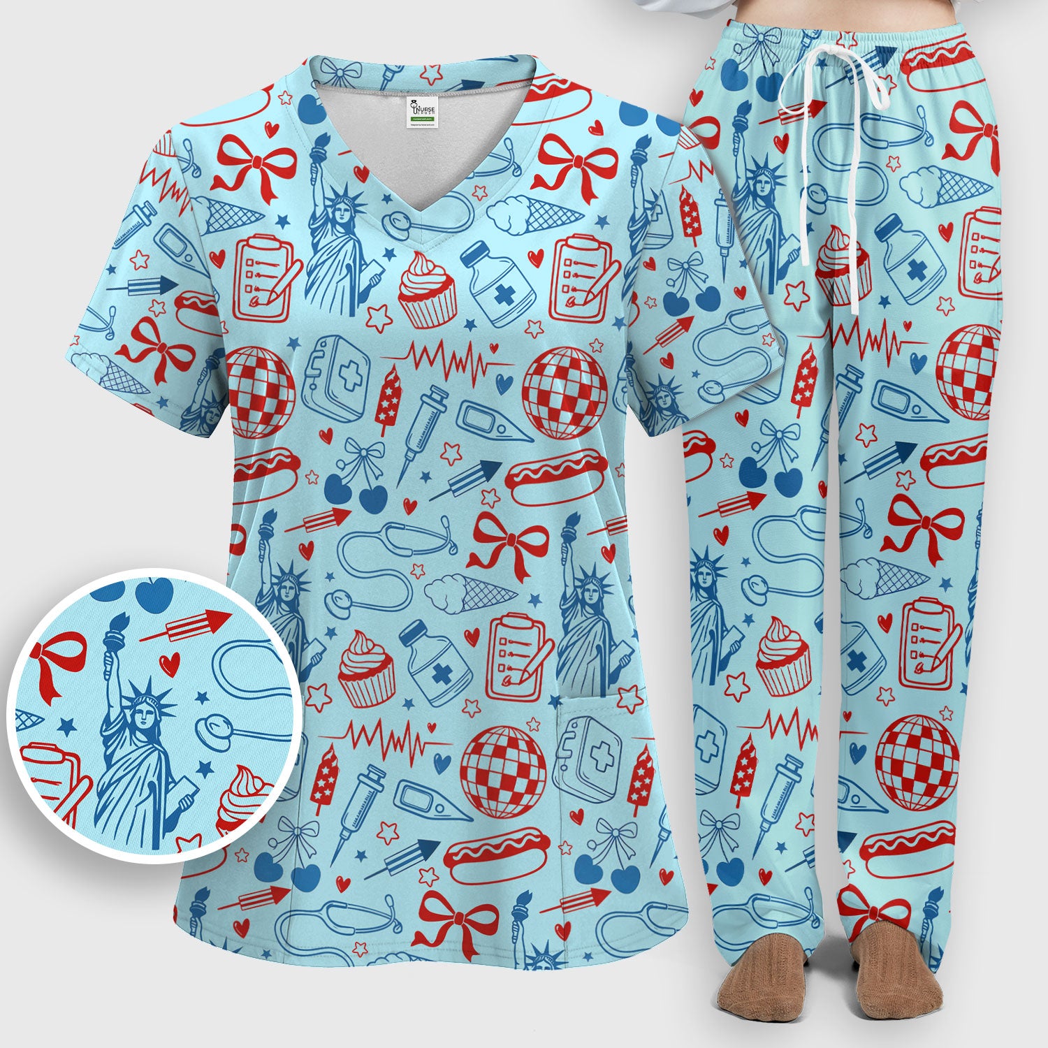 Patriotic Nurse Medical Icons Pattern Scrub Set, Scrub Pants and V Neck Top
