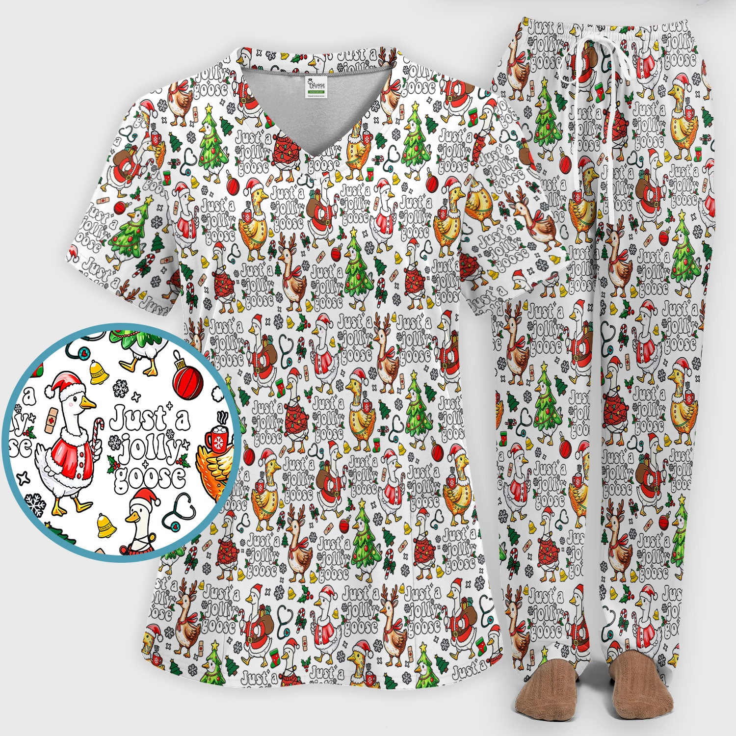 Just a Jolly Goose Funny Christmas Scrub Set - Holiday Medical Uniform for Nurse - Santa Goose Pants and Top