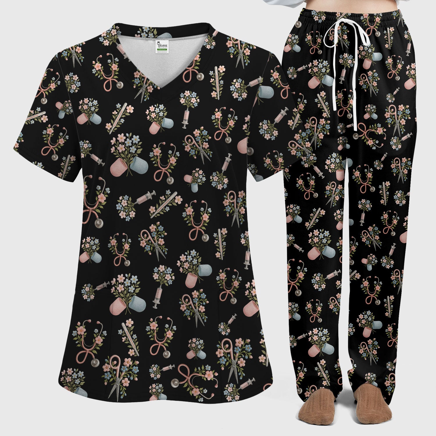 Floral Medical Scrub Set, Elegant Stethoscope With Flower Nursing Shirt, Breathable Fabrics Nurse Uniform