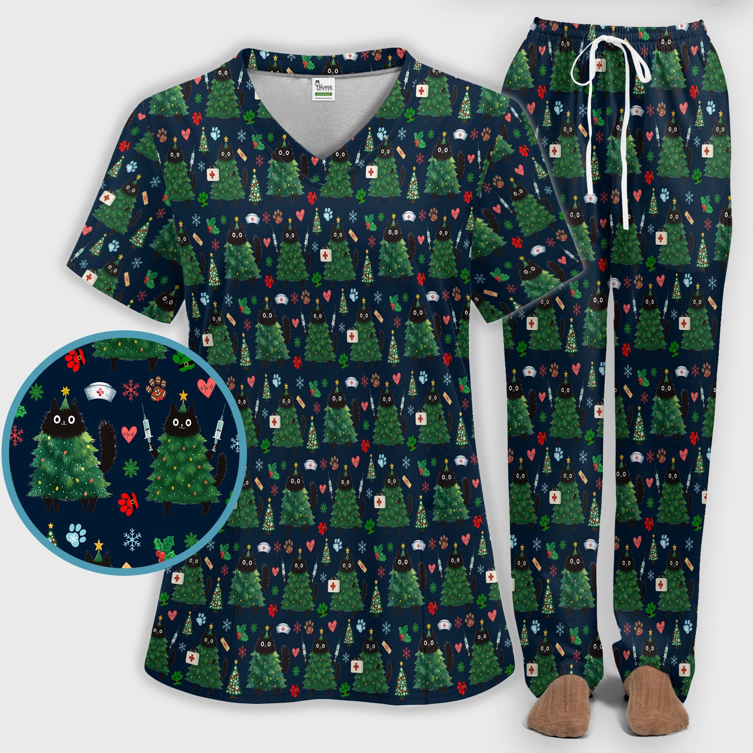 Christmas Nurse Scrub Set, Xmas Black Cat Pattern Nurse Shirt,  Breathable Fabrics Nursing Uniform