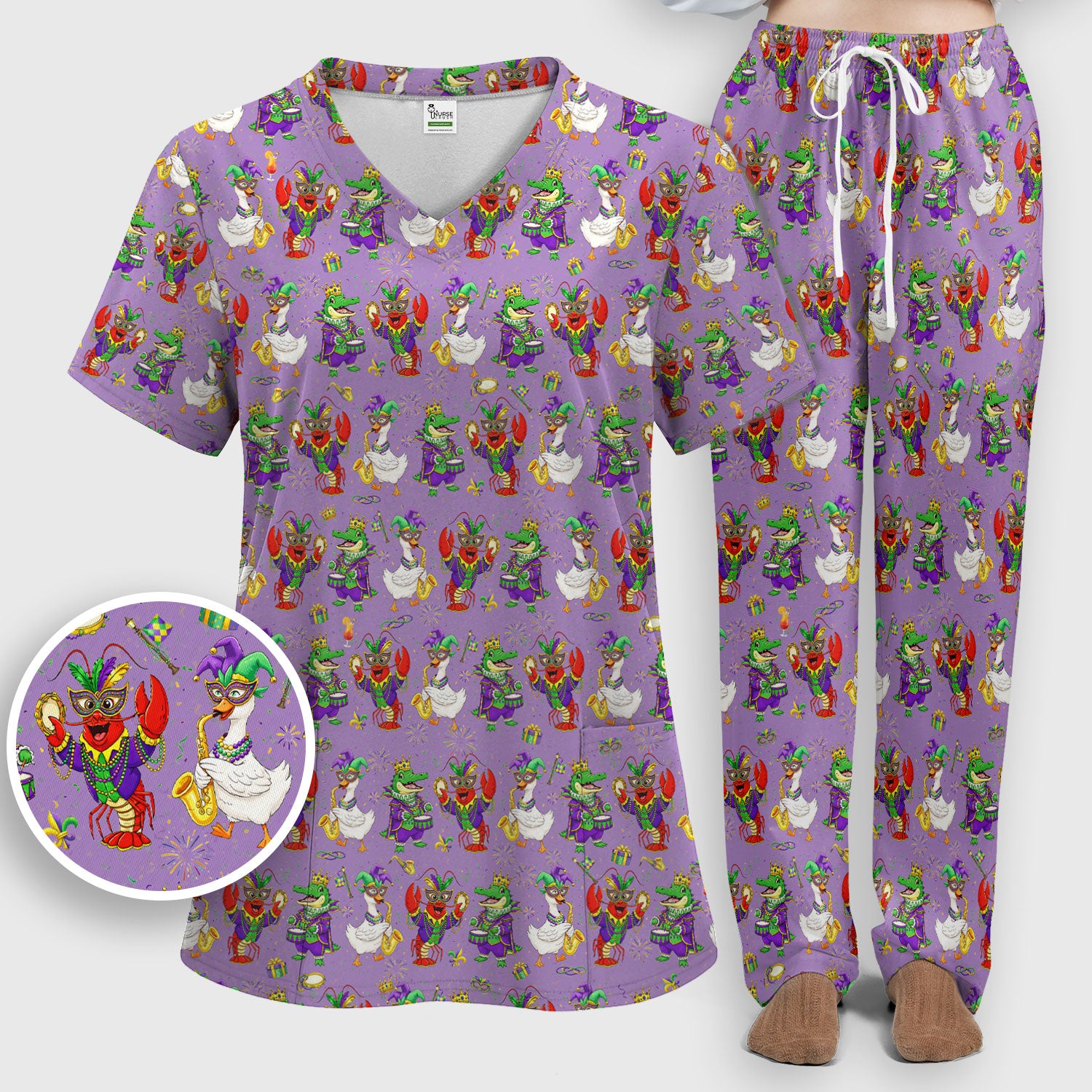 Crawfish And Duck Carnival Scrub Set, Mardi Gras Parade Pattern Nurse Shirt, Breathable Fabrics Nursing Uniform