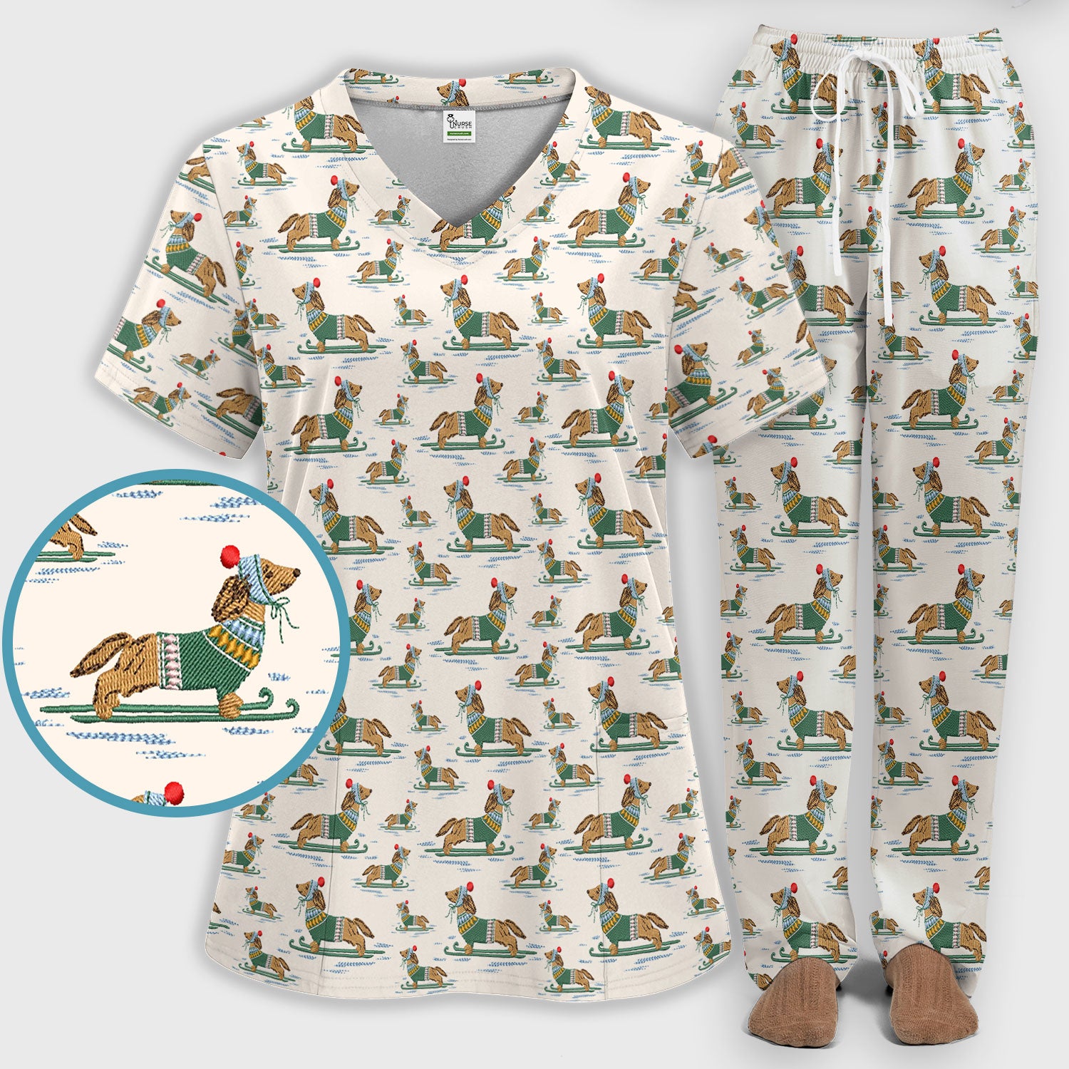 Dachshund Nurse Scrub Set, Wiener Dog Winter Pattern Shirt, Breathable Fabrics Nursing Uniform