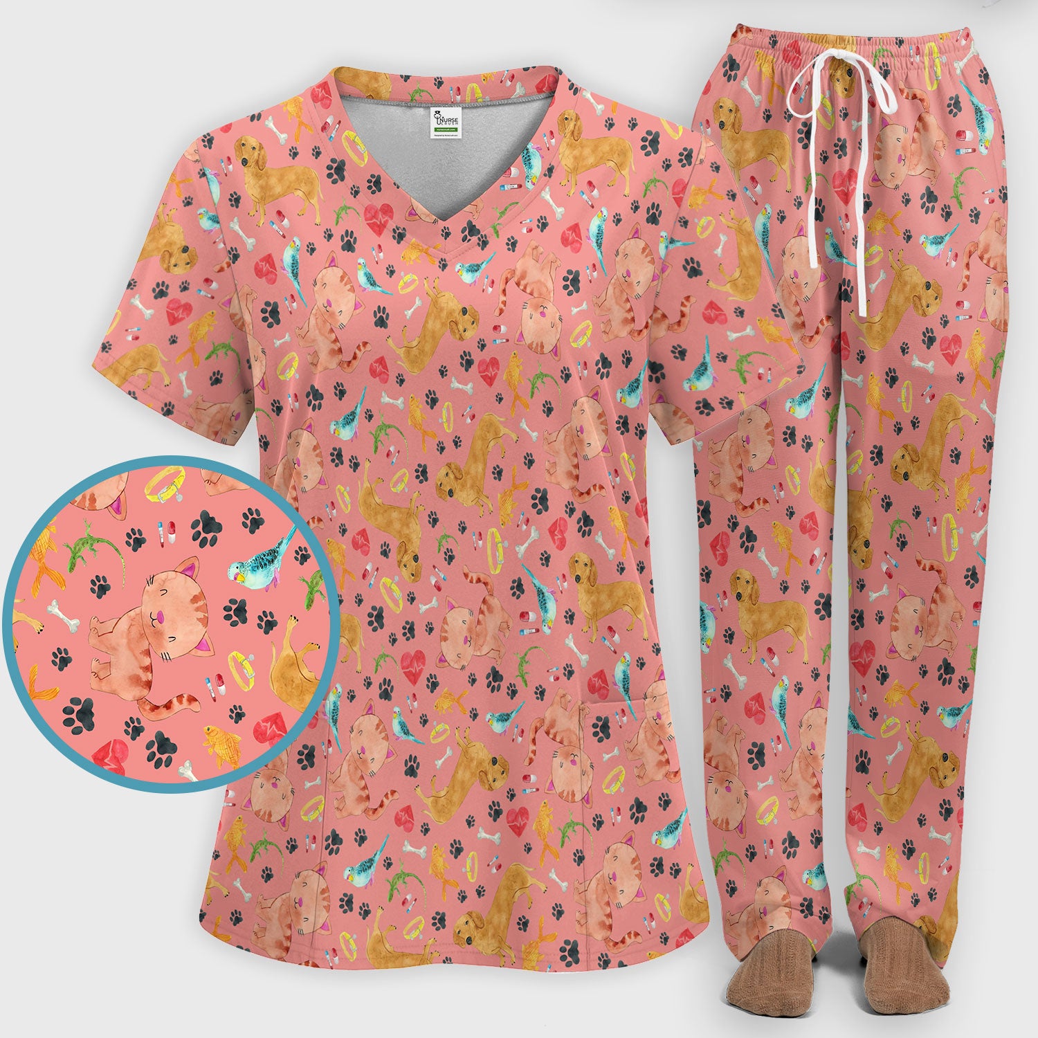 Cat Dog Veterinary Scrub Set - Cute Animal Paw Print Medical Pants and V Neck Top for Women RN CNA Vet Tech