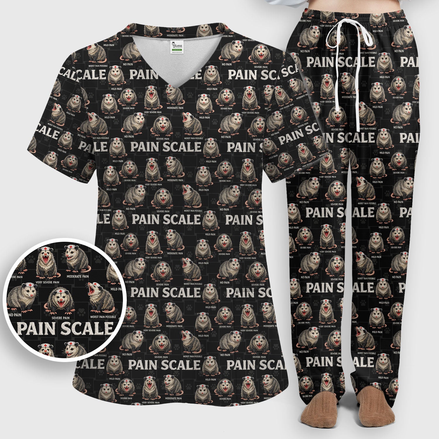 Edgy Possum Pain Scale Nurse Pattern Scrub Set, Scrub Pants and V Neck Top