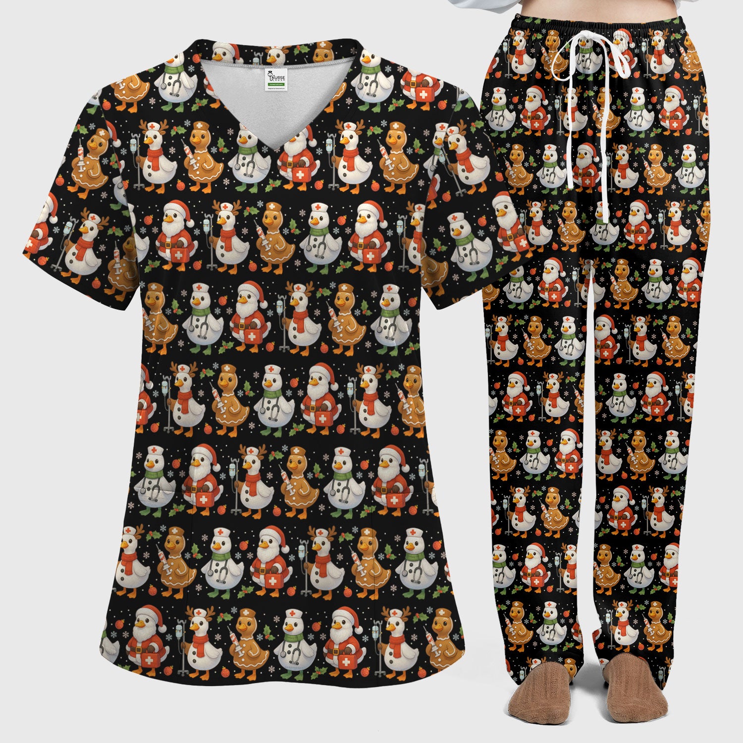 Funny Goose Christmas Scrubs for Women - Festive Holiday Pattern Scrub Top & Pants - Cute Christmas Scrubs with Charming Goose Print