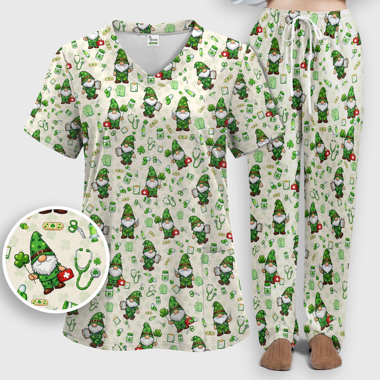 St. Patrick’s Day Nurse Gnome Scrub Set, Green Lucky Medical Pattern Nurse Shirt, Breathable Fabrics Nursing Uniform