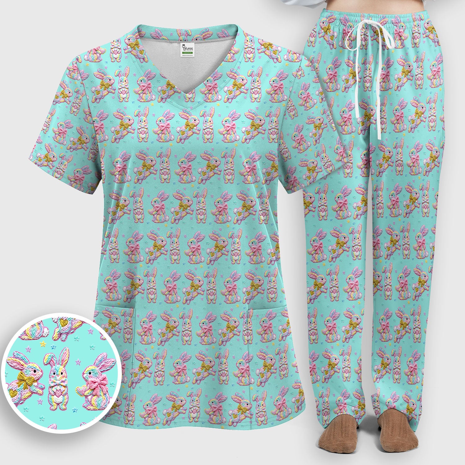 Cartoon Bunny All Over Print Set, Scrub Pants and V Neck Top