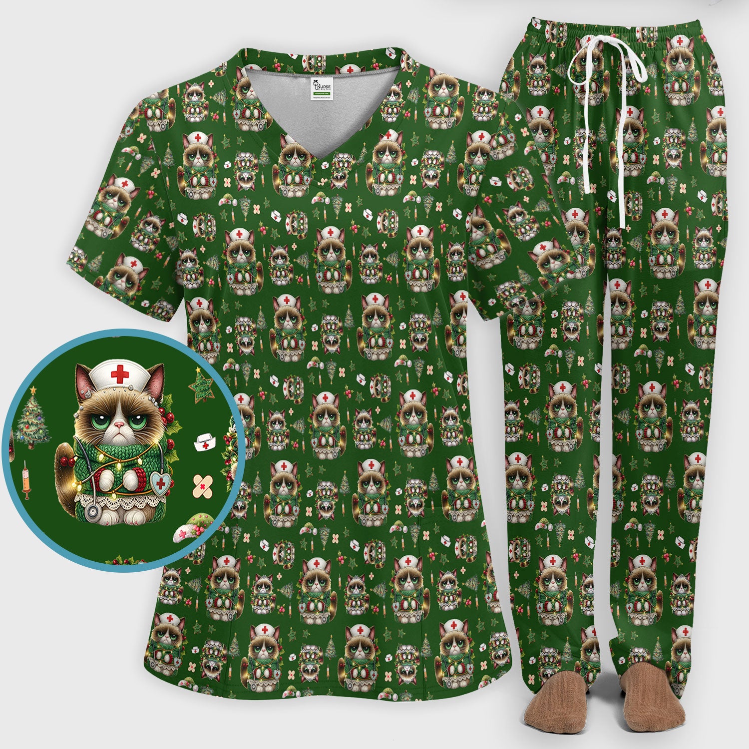 Christmas Nurse Scrub Set - Funny Cat Nursing Scrubs Pants and V Neck Top - Cute Holiday Medical Uniform for Women RN LPN CNA