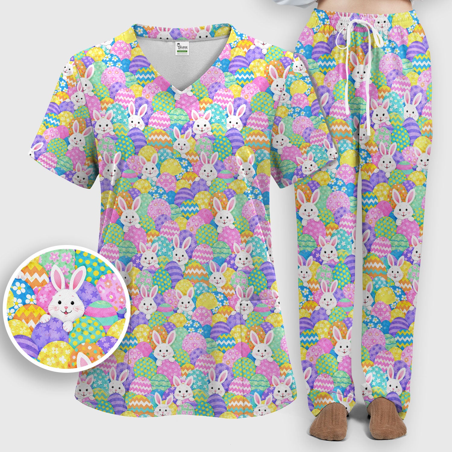Easter Bunny Colorful Egg Pattern Print Scrub Set, Scrub Pants and V Neck Top