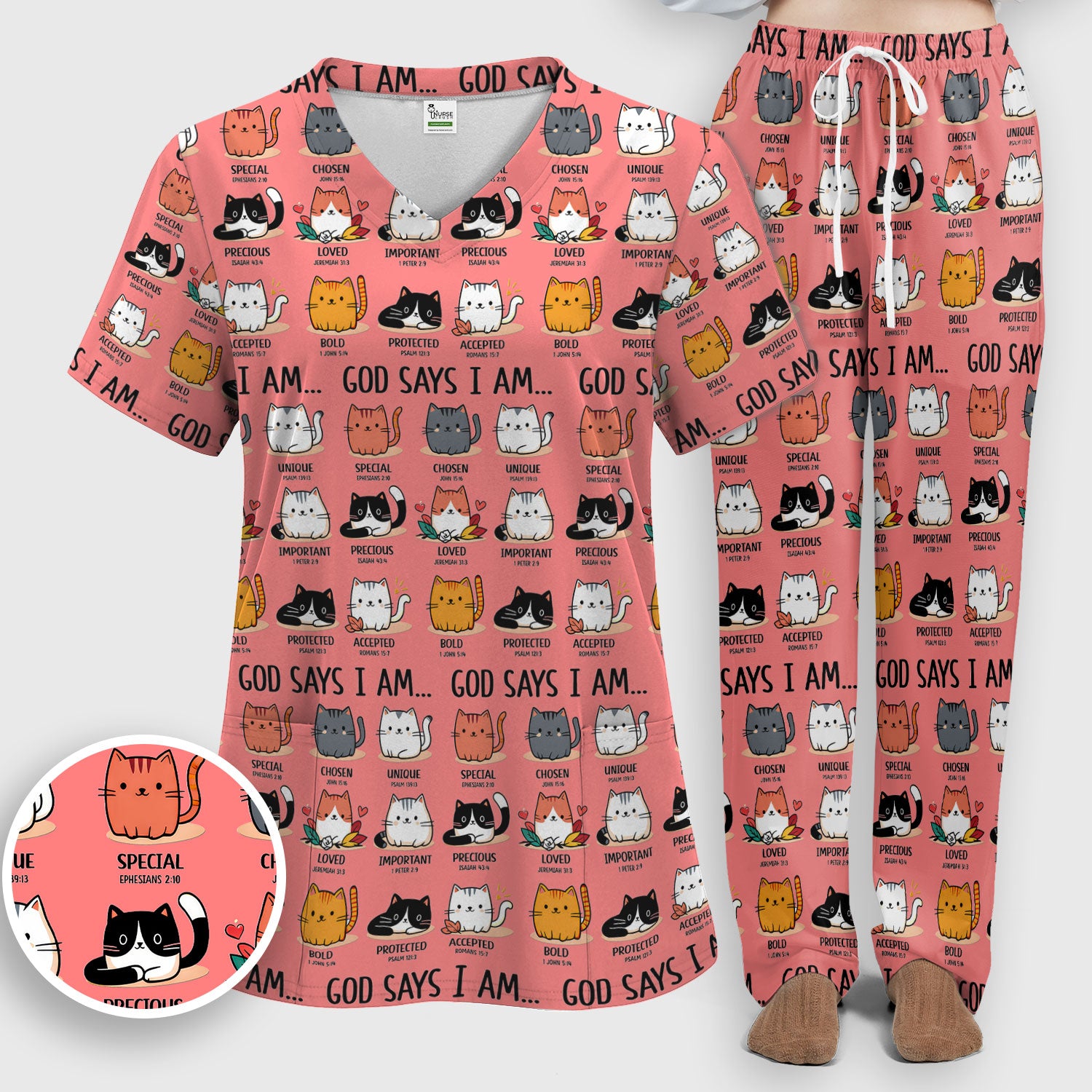 Cute Christian Cat God Says I Am Women's Scrub Set, Breathable Med Uniform