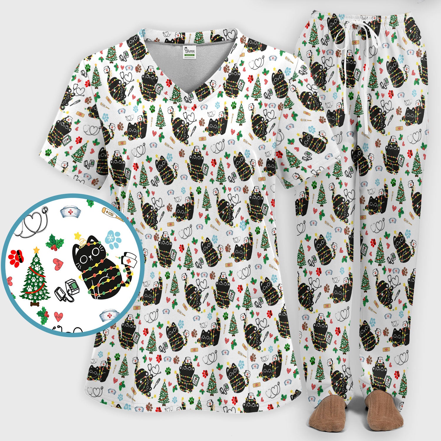 Funny Black Cat Christmas Scrub Set – Cute Holiday Kitty Pattern – Festive Medical Uniform for Nurses, Vets, and Cat Lovers