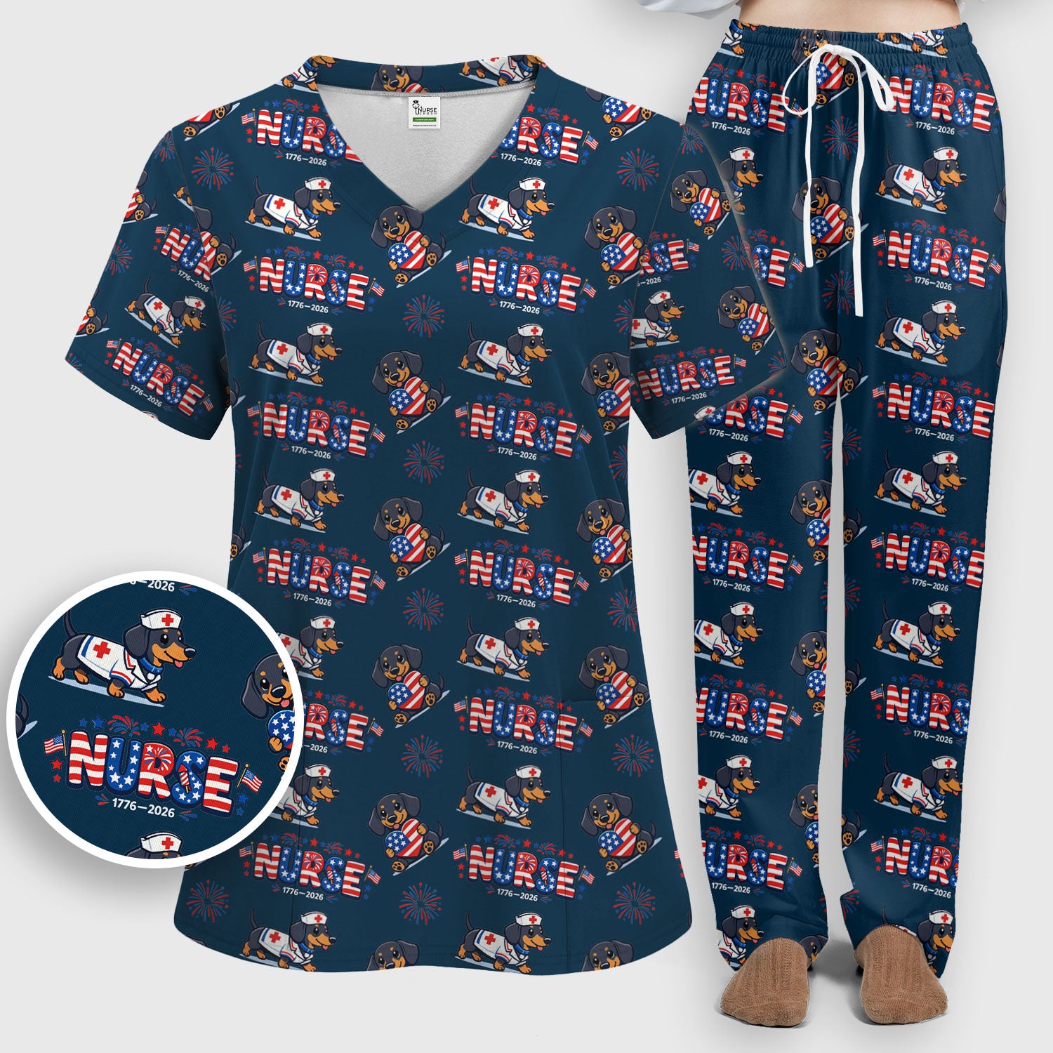 Proud Nurse Patriotic Dachshund Medical Firework Pattern Scrub Set, Nurse Uniform Scrubs Set