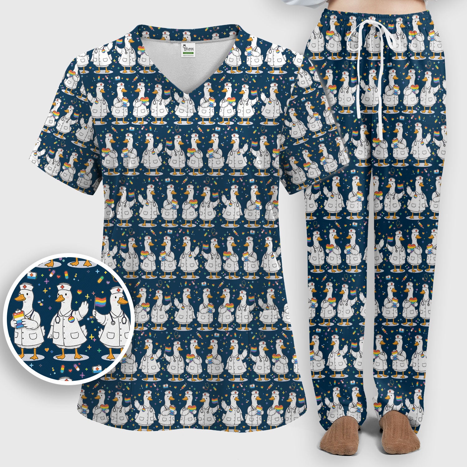 Cute Nurse Duck Pride Theme Scrub Set, Scrub Pants and V Neck Top