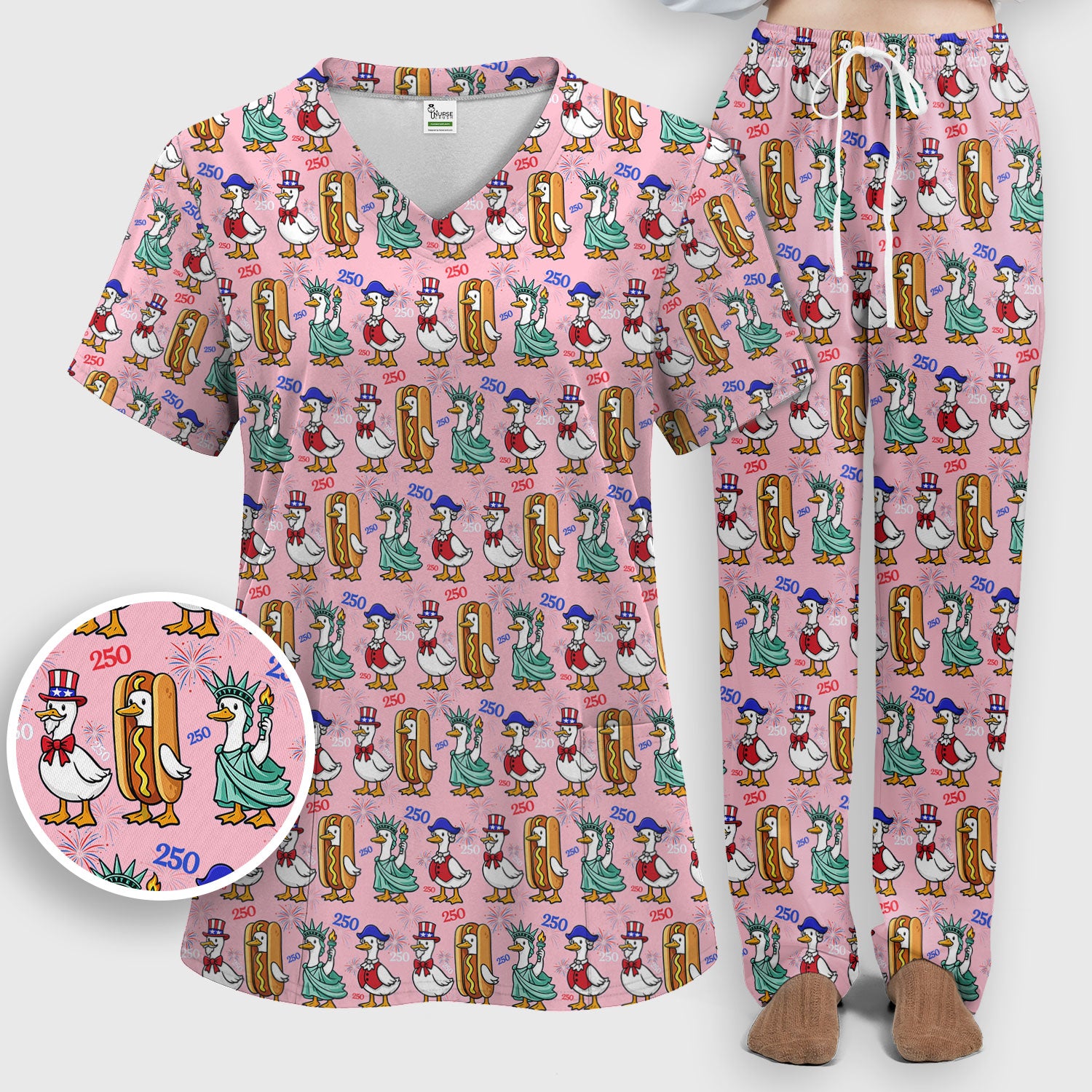 Patriotic Duck Independence Day Pattern Scrub Set, Scrub Pants and V Neck Top