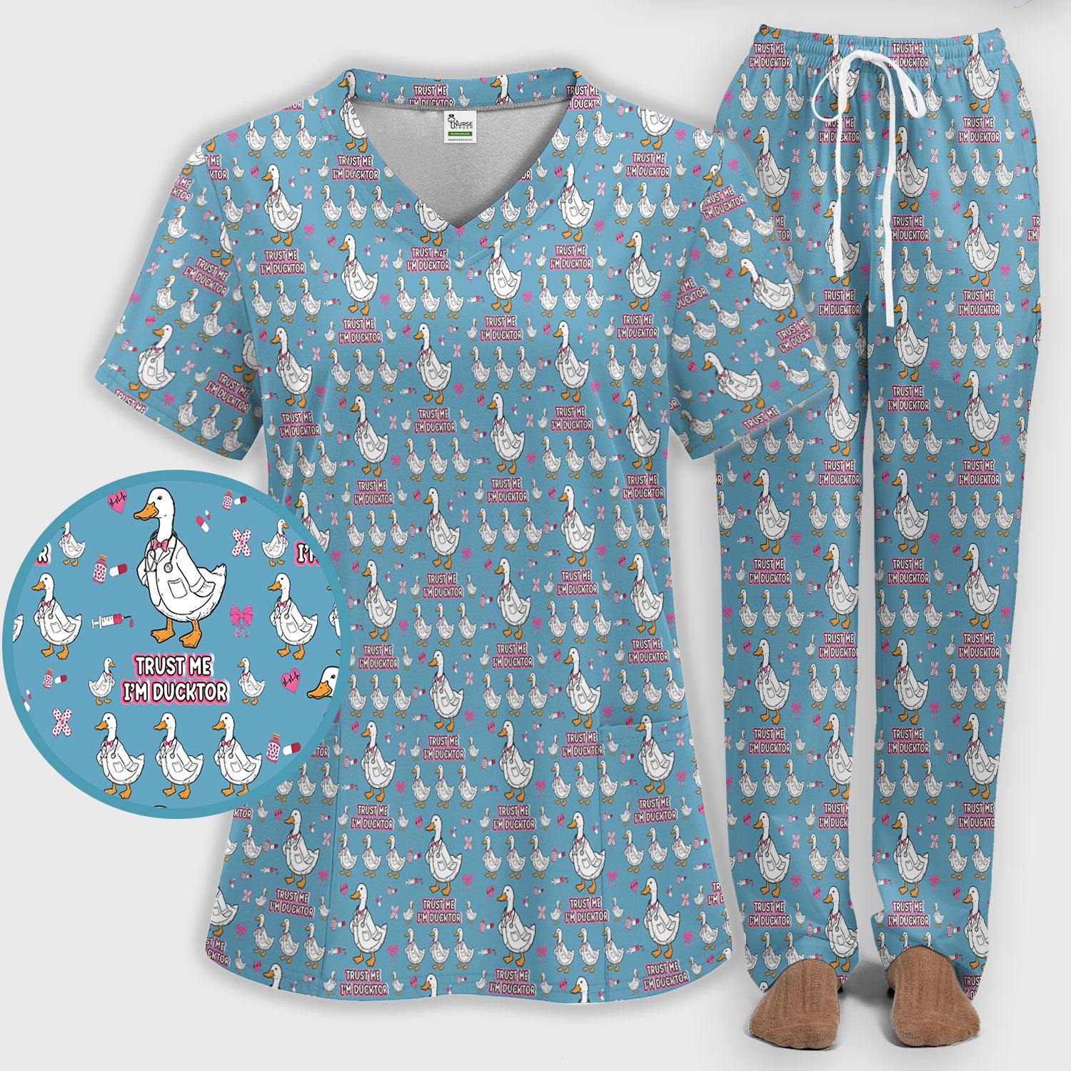 Trust Me I'm Ducktor Scrub Set, Funny Duck Pattern Scrub Shirt, Breathable Fabrics Nursing Uniform For Women