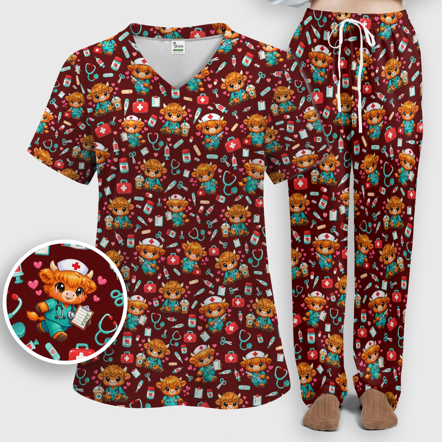 Cute Highland Cow Nurse Scrub Set, Kawaii Medical Pattern Shirt, Breathable Fabrics Nursing Uniform