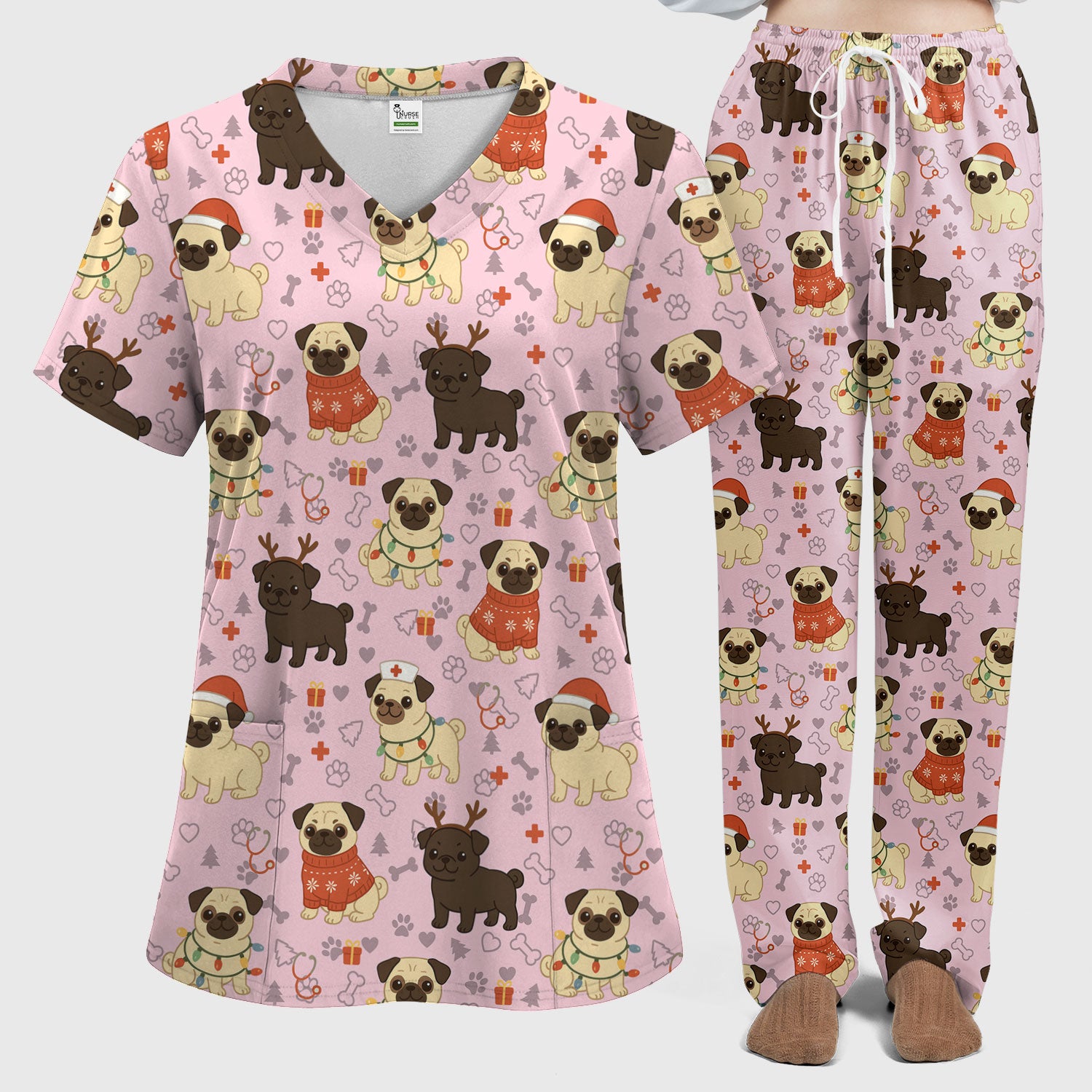 Funny Pug Christmas Nurse Scrub Set for Women - Cute Dog Pattern Holiday Medical Scrubs Top and Pants - Gift for RN LPN CNA