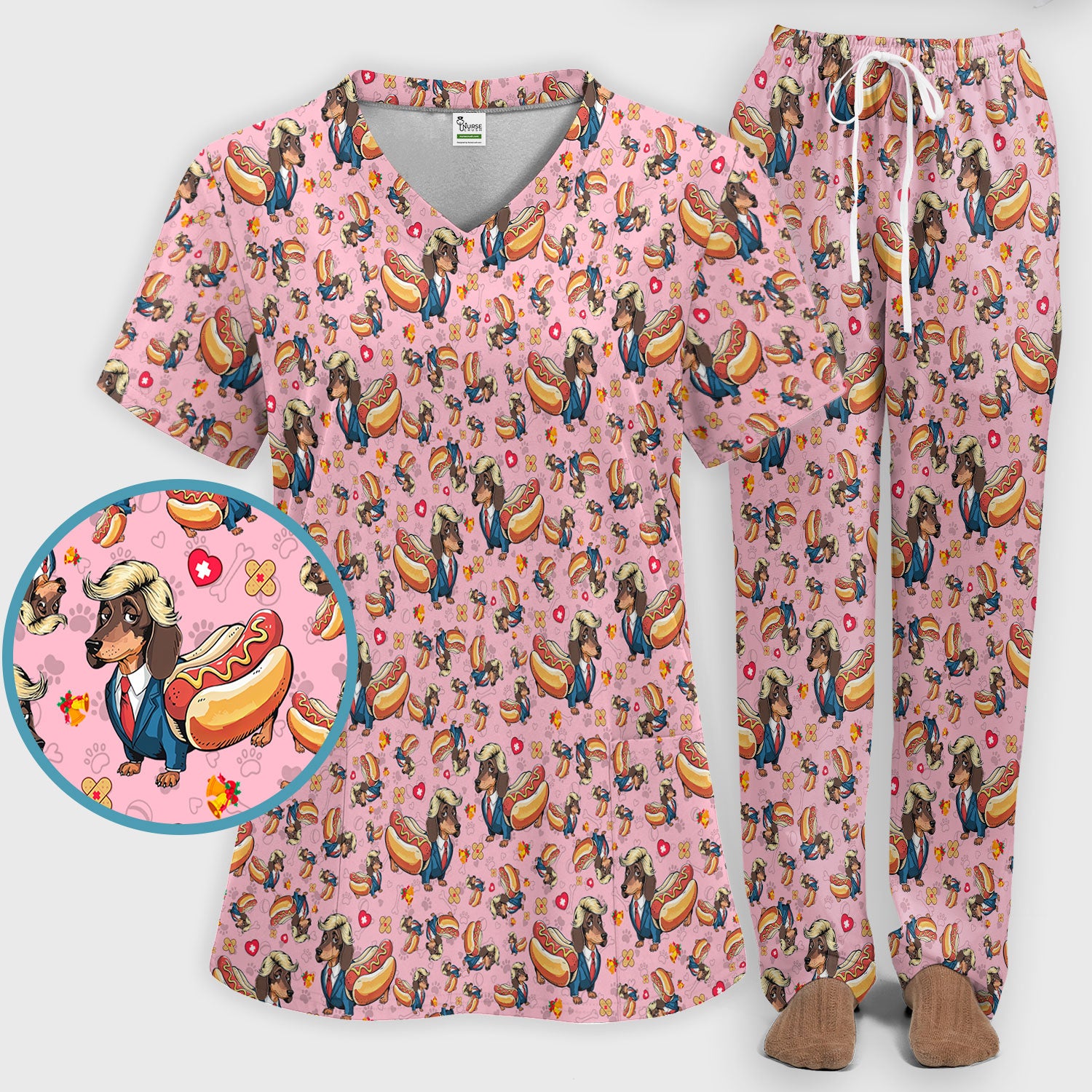 Dachshund Hot Dog Nurse Scrub Set - Funny Sausage Dog Pants and V Neck Top - Medical Uniform Gift