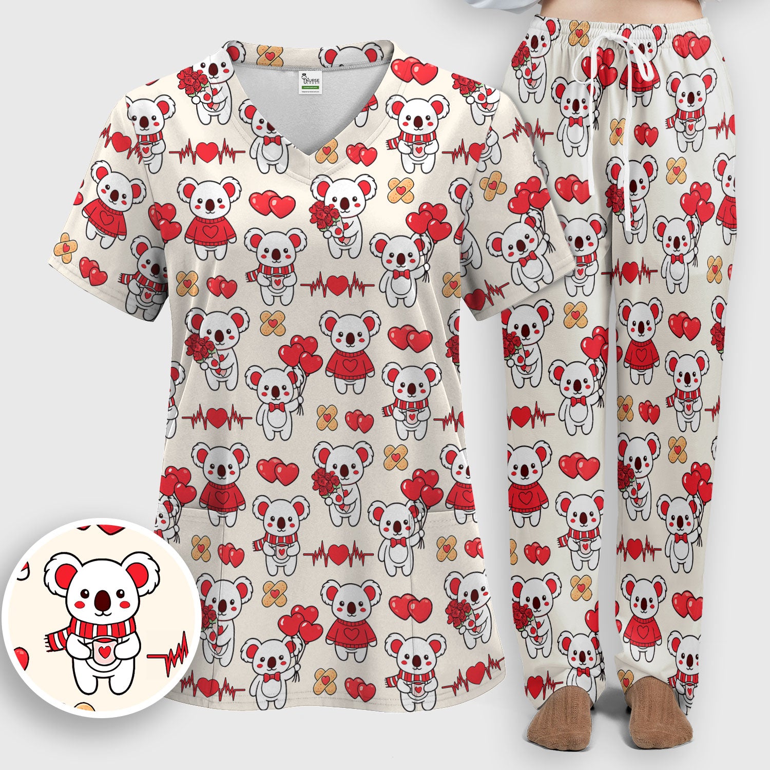 Sweet Koala Valentine Medical Design Scrub Set, Breathable Med Uniform