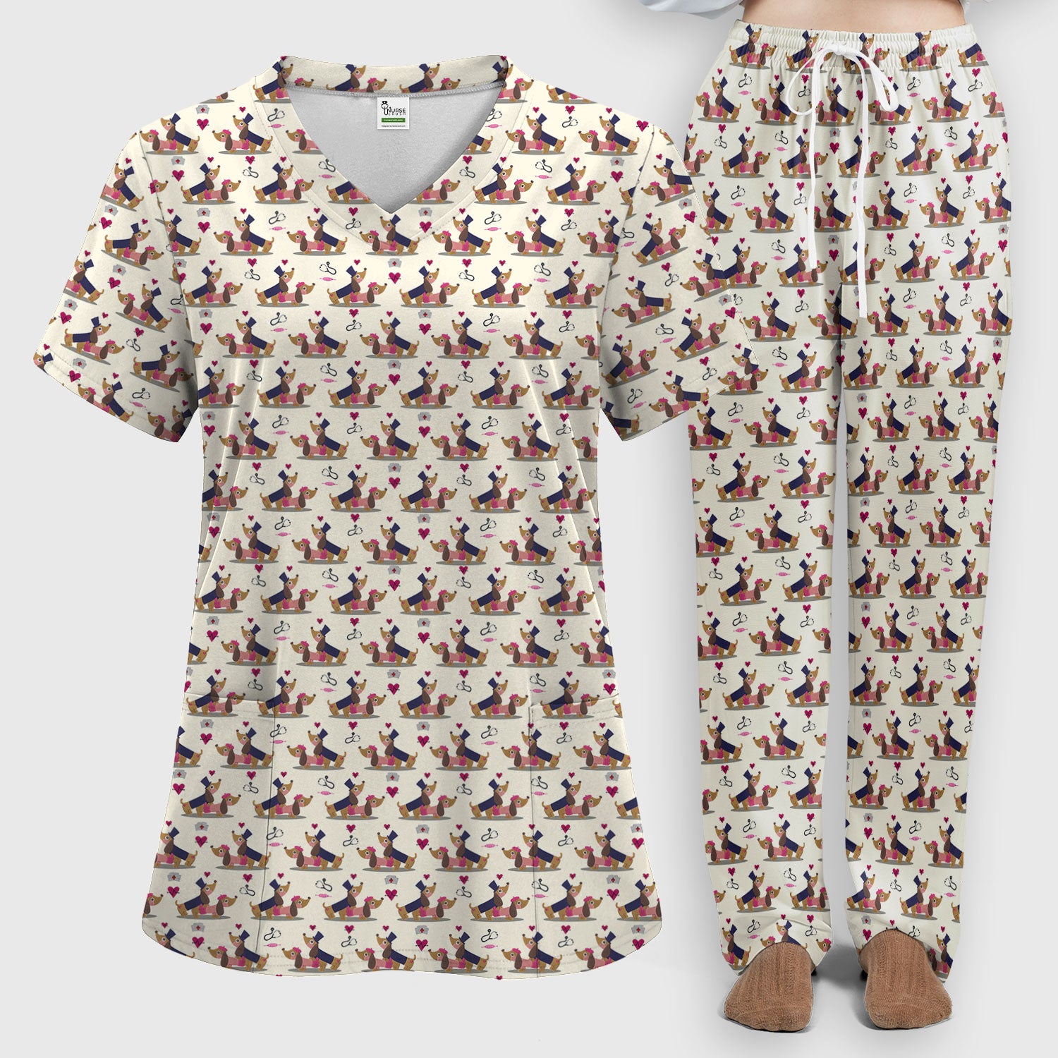 Valentine Dachshund Couple Scrub Set - Funny Nursing Gift for Women