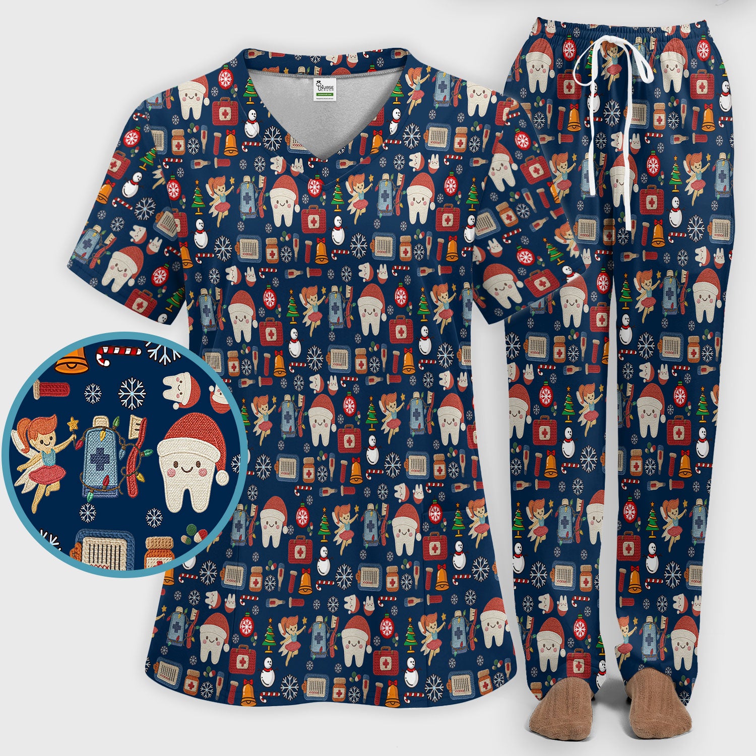 Christmas Dental Scrub Set - Cute Santa Tooth & Snowman Scrubs Pants and V Neck Top - Funny Holiday Gift for Dentists, Hygienists