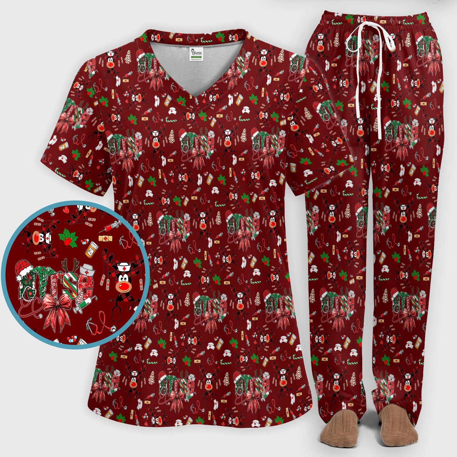 Whimsical Reindeer Christmas Scrub Set – Festive Holiday Reindeer Pattern – Cute Medical Uniform for Nurses, Vets and Healthcare Workers