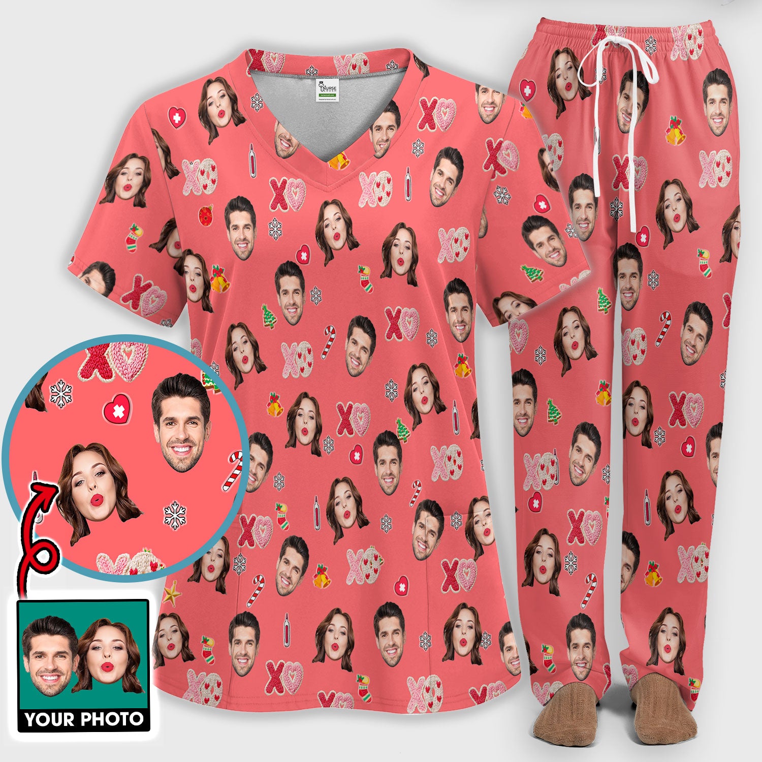 Personalized Photo Scrub Set, Custom Face XOXO Scrub Shirt, Breathable Fabrics Nursing Uniform