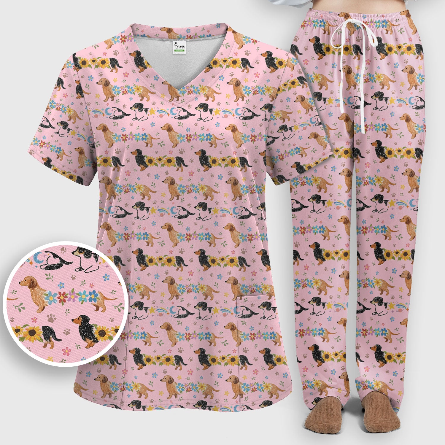 Floral Wiener Dog Pattern Scrub Set, Scrub Pants and V Neck Top
