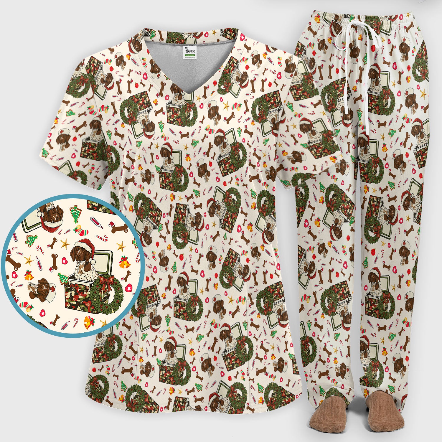Christmas Dachshund Scrub Set - Cute Sausage Dog Nursing Pants and V Neck Top - Funny Holiday Medical Uniform