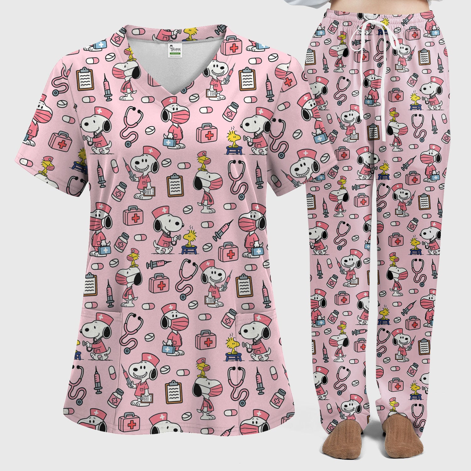 Pink Snoopy Nurse Scrub Set - Cute Cartoon Dog Pattern Top and Pants - Fun Nursing Gift for RN LPN CNA Women