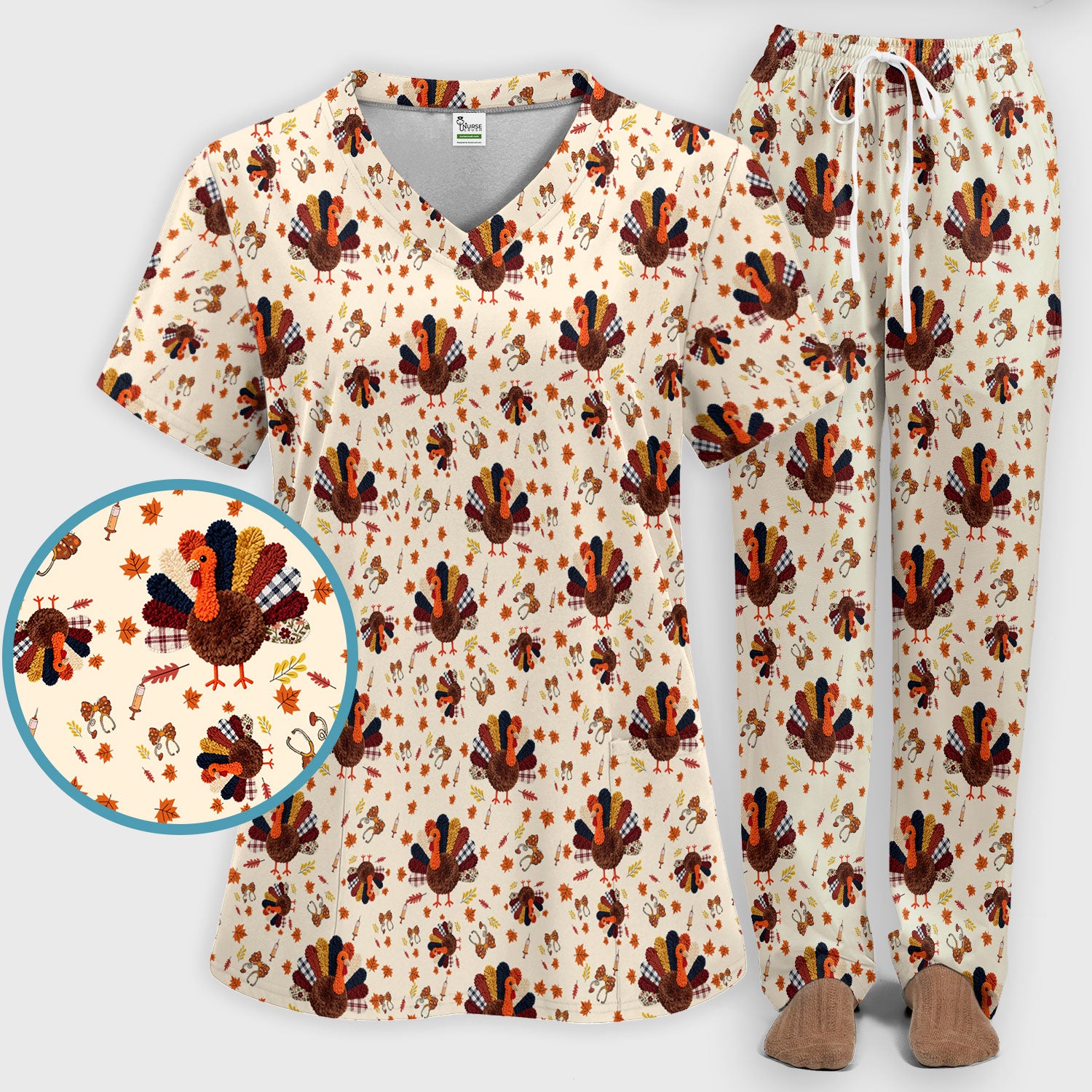 Funny Thanksgiving Nurse Scrub Sets - Fall Leaves and Pumpkin Scrub Pants and V Neck Top - Autumn Turkey Med Uniform