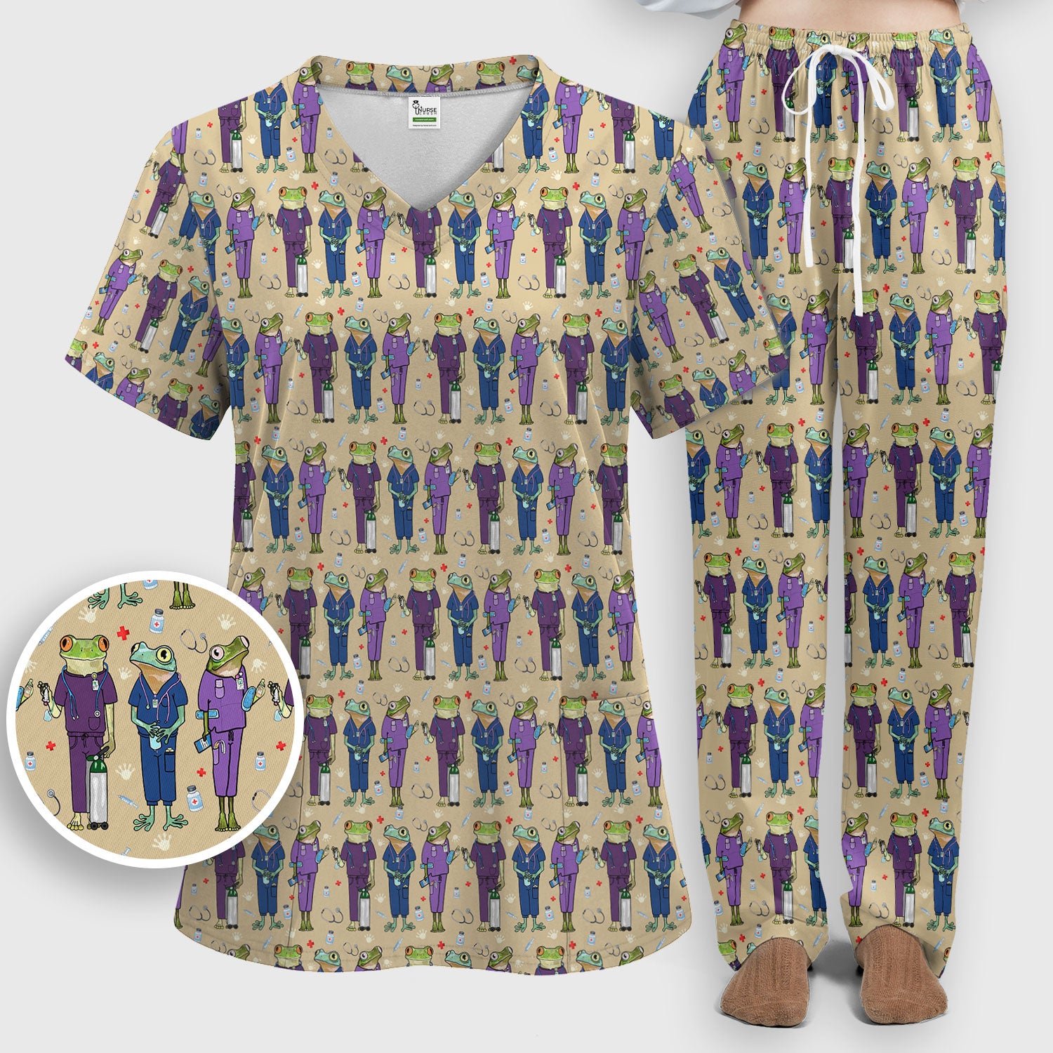 Funny Frog Nurse Pattern Scrub Set, Scrub Pants and V Neck Top