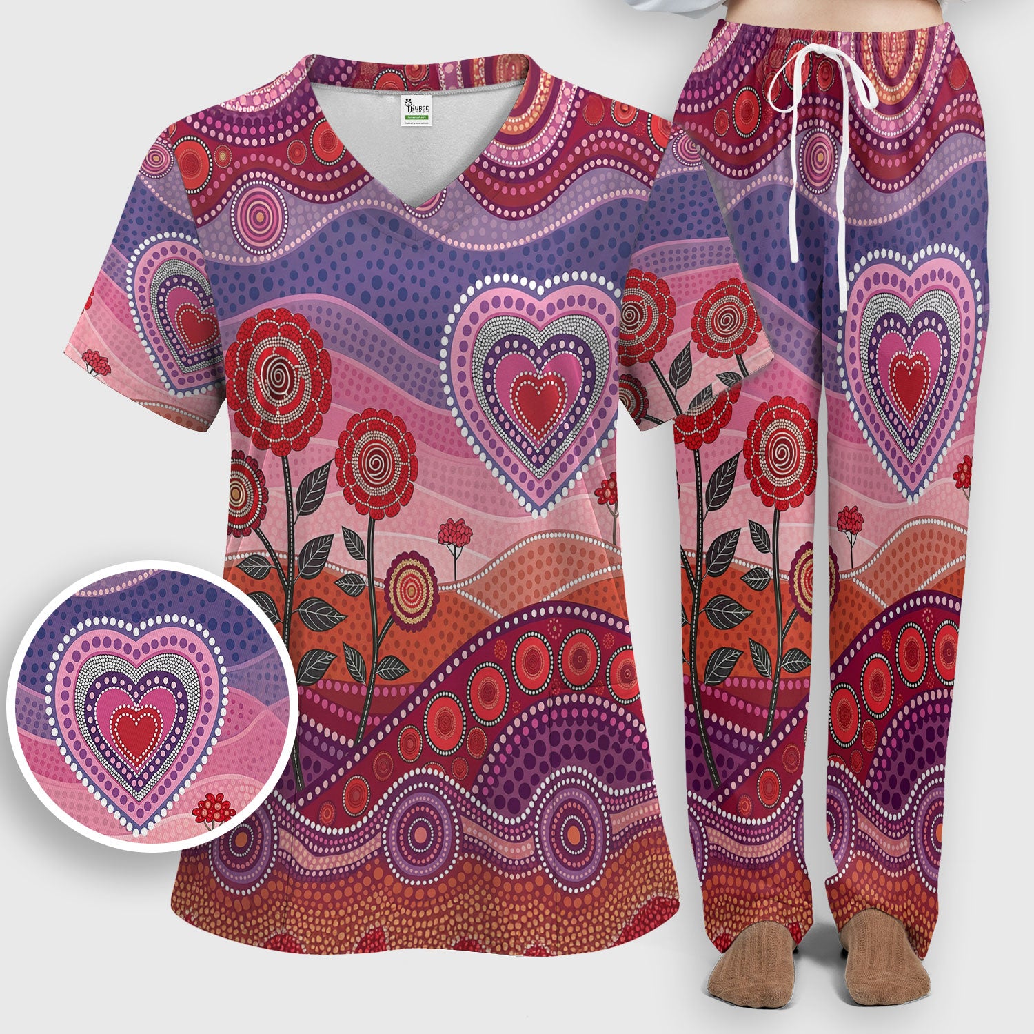 Boho Dot Art Valentine Scrub Set, Artistic Heart Pattern Nurse Shirt, Comfortable Scrubs For Nursing
