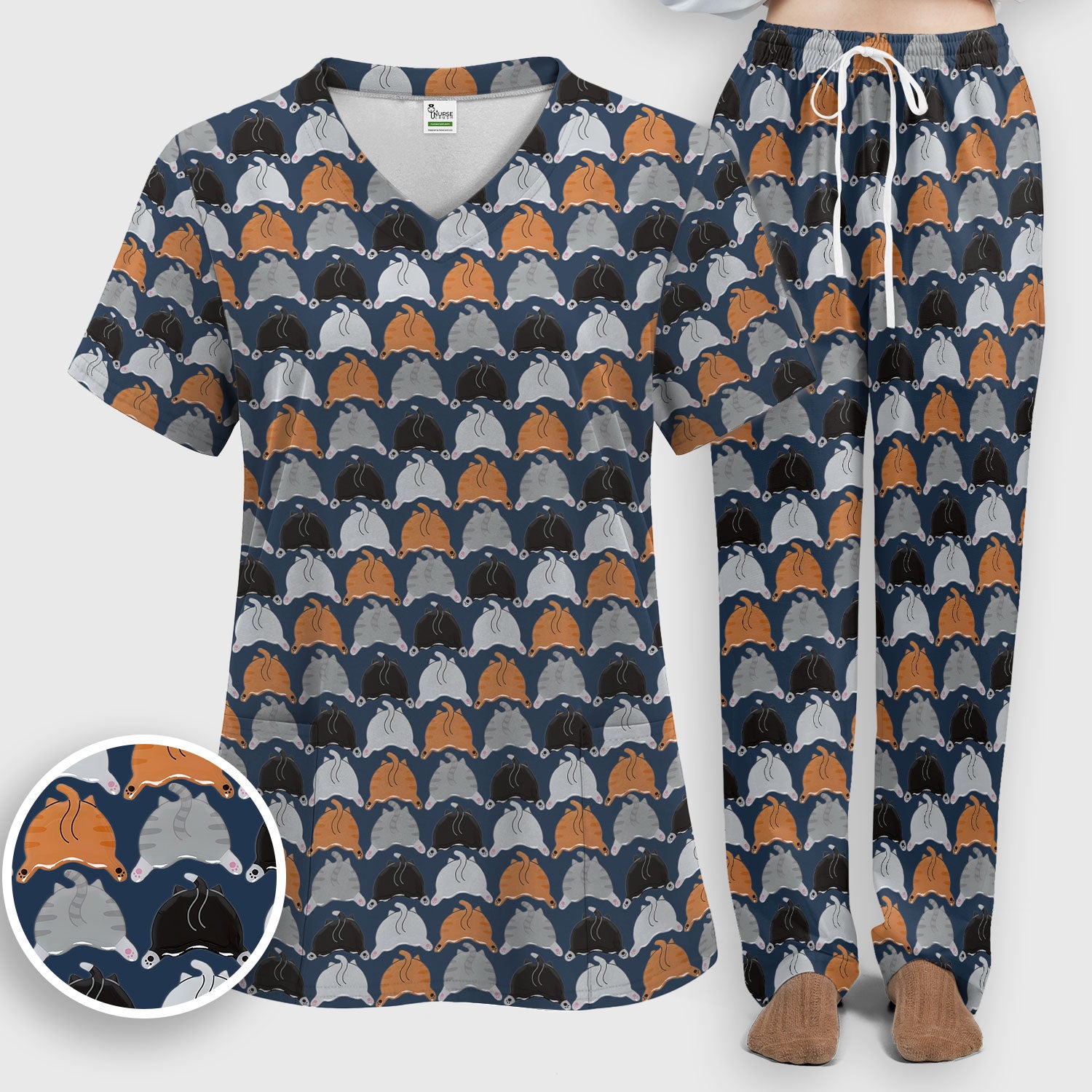 Playful Multicolor Cat Print Scrub Set, Breathable Med Uniform