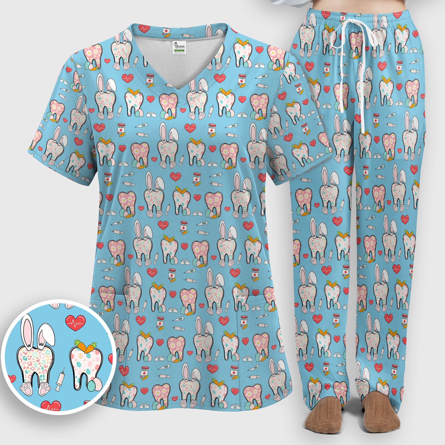 Playful Bunny Dentist Illustration Medical Set, Scrub Pants and V Neck Top
