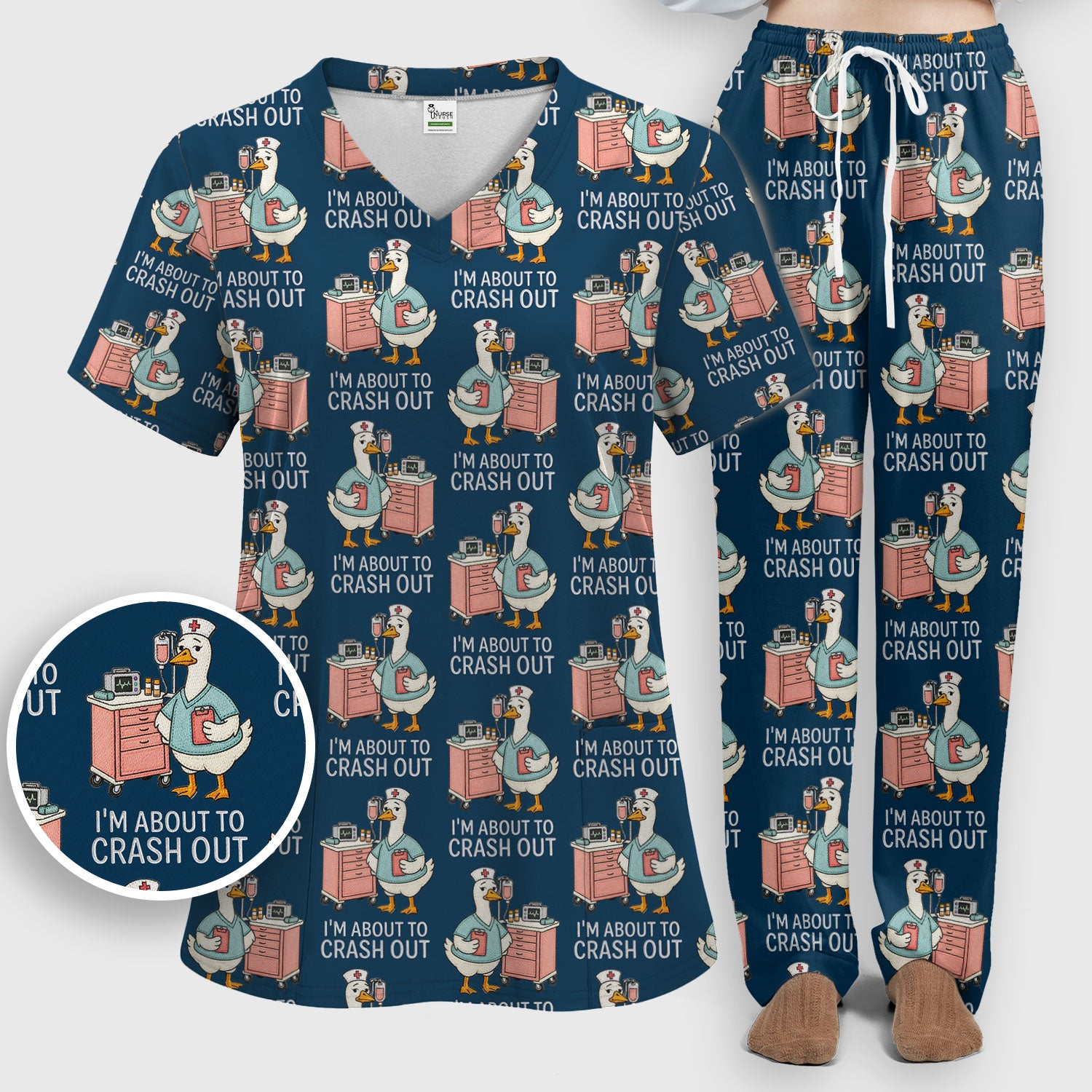 Funny Nurse Goose Crash Out Pattern Scrub Set, Nurse Uniform Scrubs Set