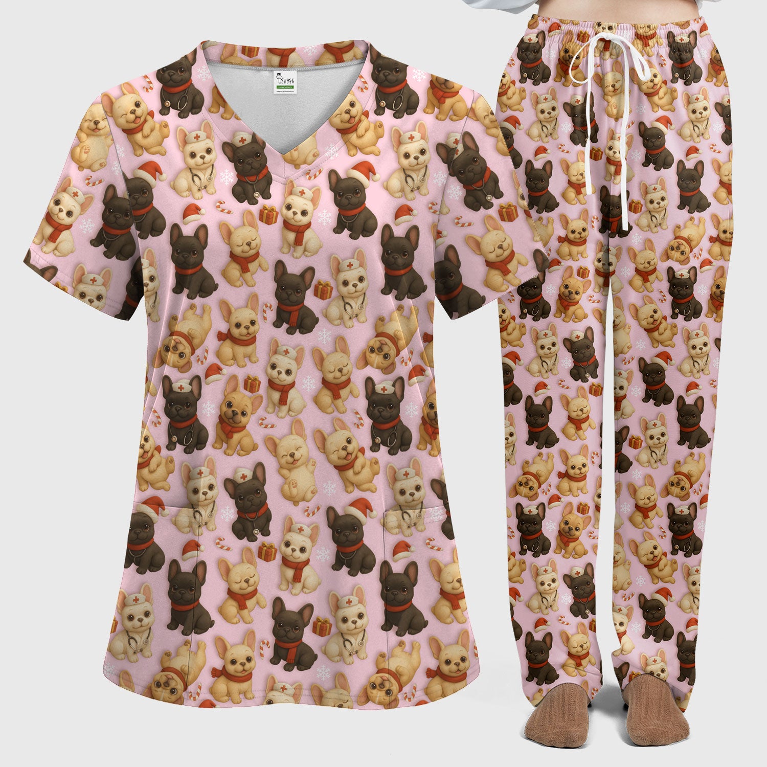 French Bulldog Scrubs Christmas Nurse Set - Cute Holiday Dogs with Candy Canes, Snowflakes & Gifts - Fun Festive Christmas Scrubs for Women