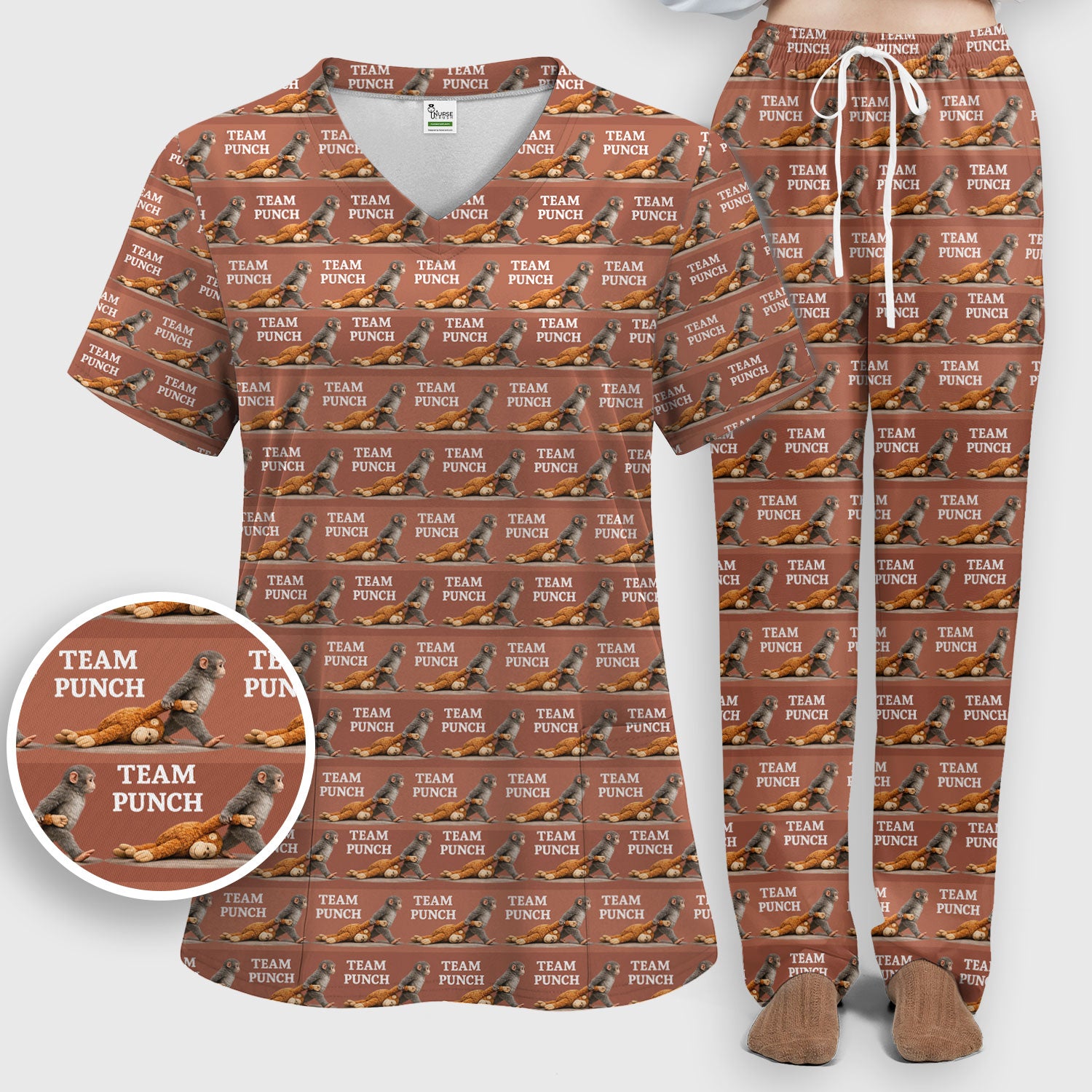 Team Punch Playful Monkey Graphic Pattern Scrubs Sets, Breathable Med Uniform