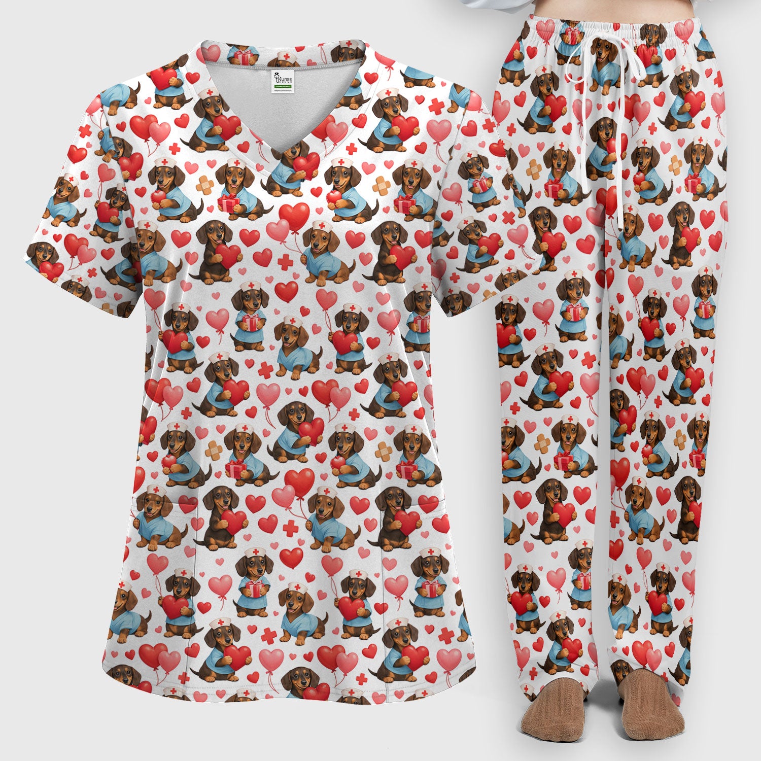 Dachshund Valentine Nurse Scrub Set, Cute  Wiener Dog Medical Pattern Shirt, Breathable Fabrics Nursing Uniform