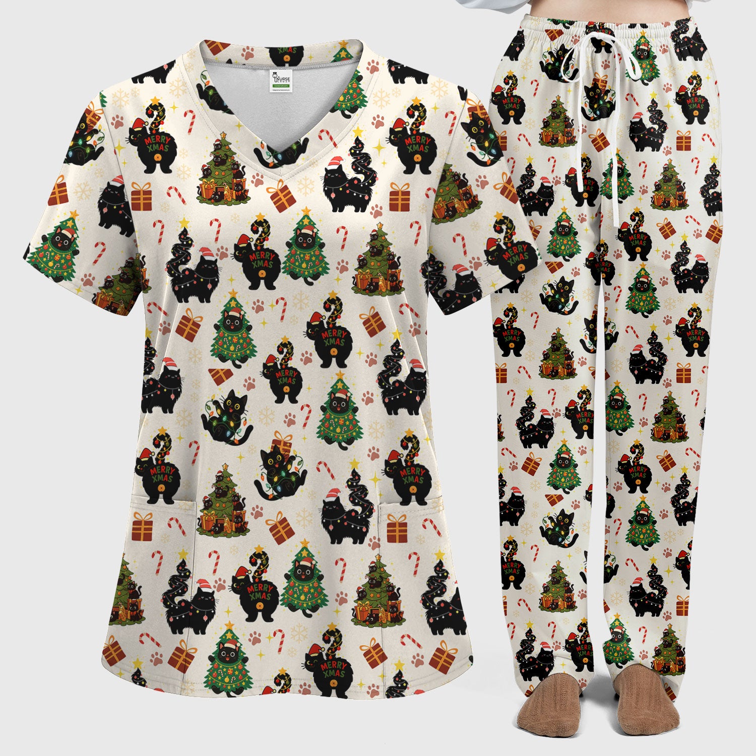 Christmas Cat Scrub Set for Women - Black Cat and Tree Pattern Holiday Nurse Scrubs - Cute Gift for RN LPN CNA