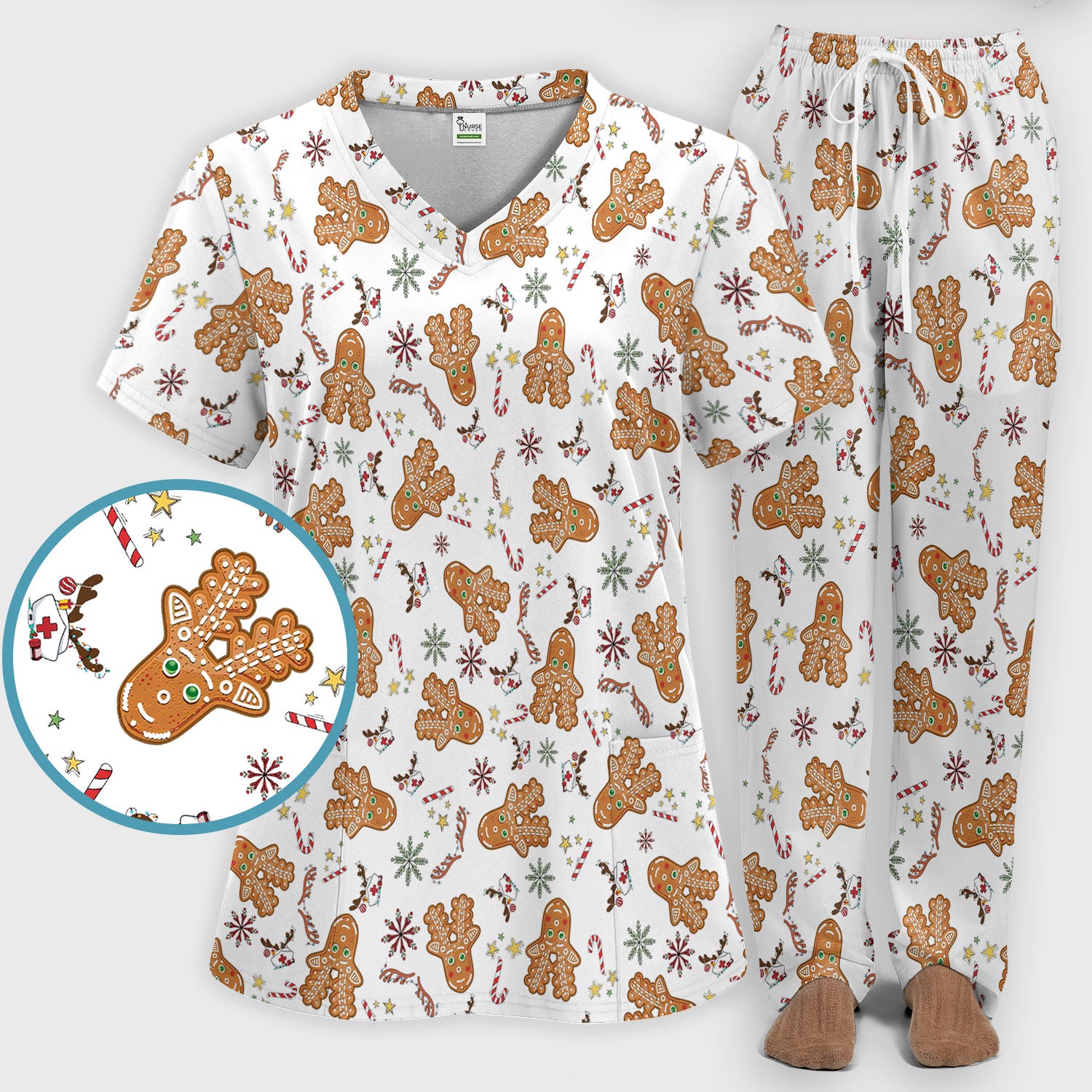 Gingerbread Cookies Reindeer Women's Scrub Sets - Comfortable Scrubs for Nurses - Funny Christmas Med Uniform