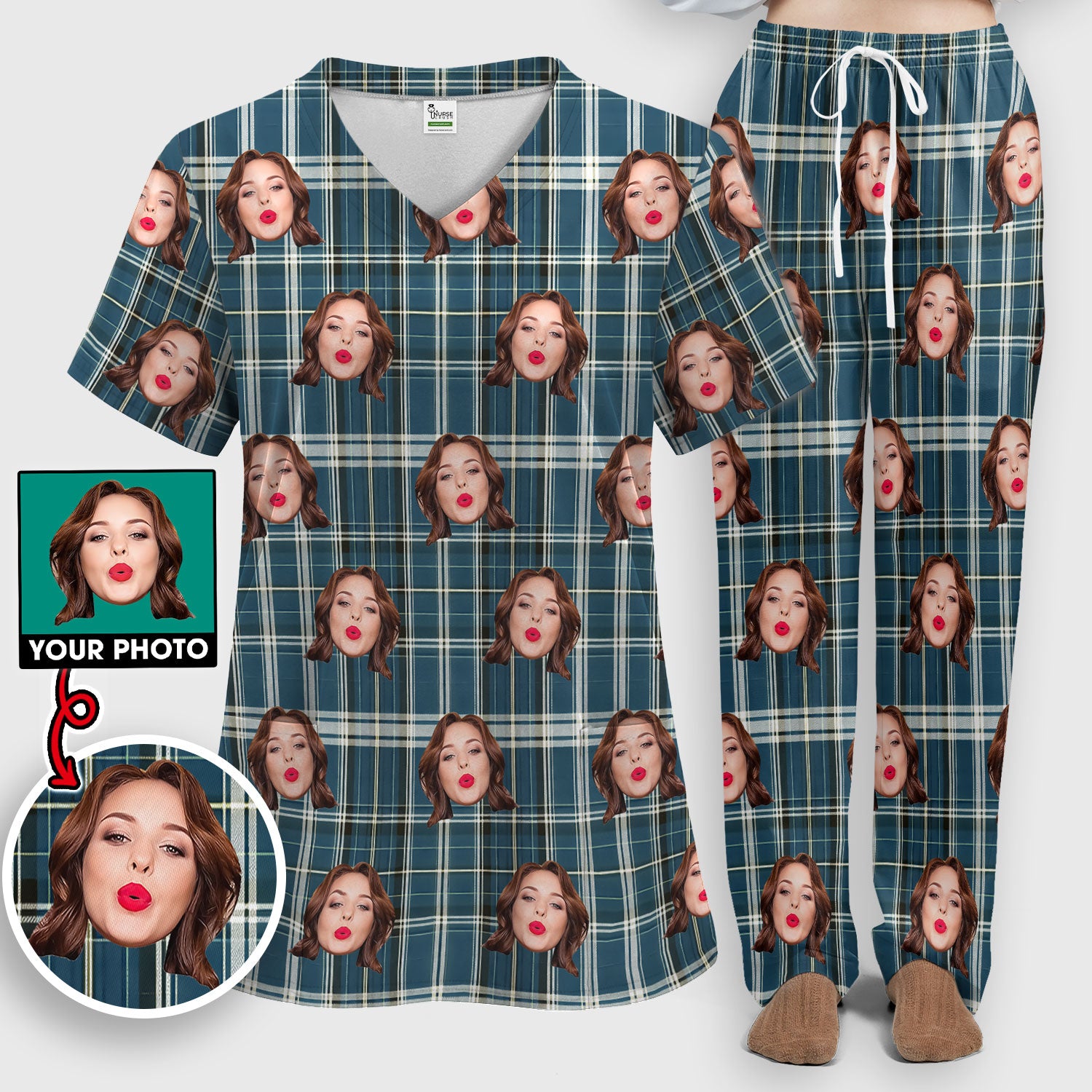 Personalized Funny Face Plaid Scrub Set, Custom Photo Pattern Medical Uniform For Nurses, Breathable Fabrics Nursing Uniform