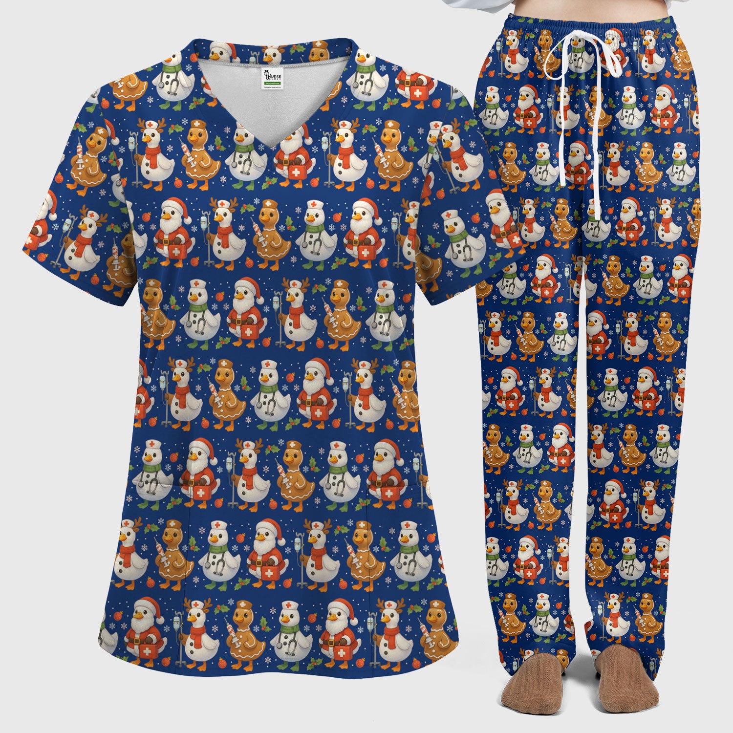 Funny Goose Christmas Scrubs for Women - Festive Holiday Pattern Scrub Top & Pants - Cute Christmas Scrubs with Charming Goose Print