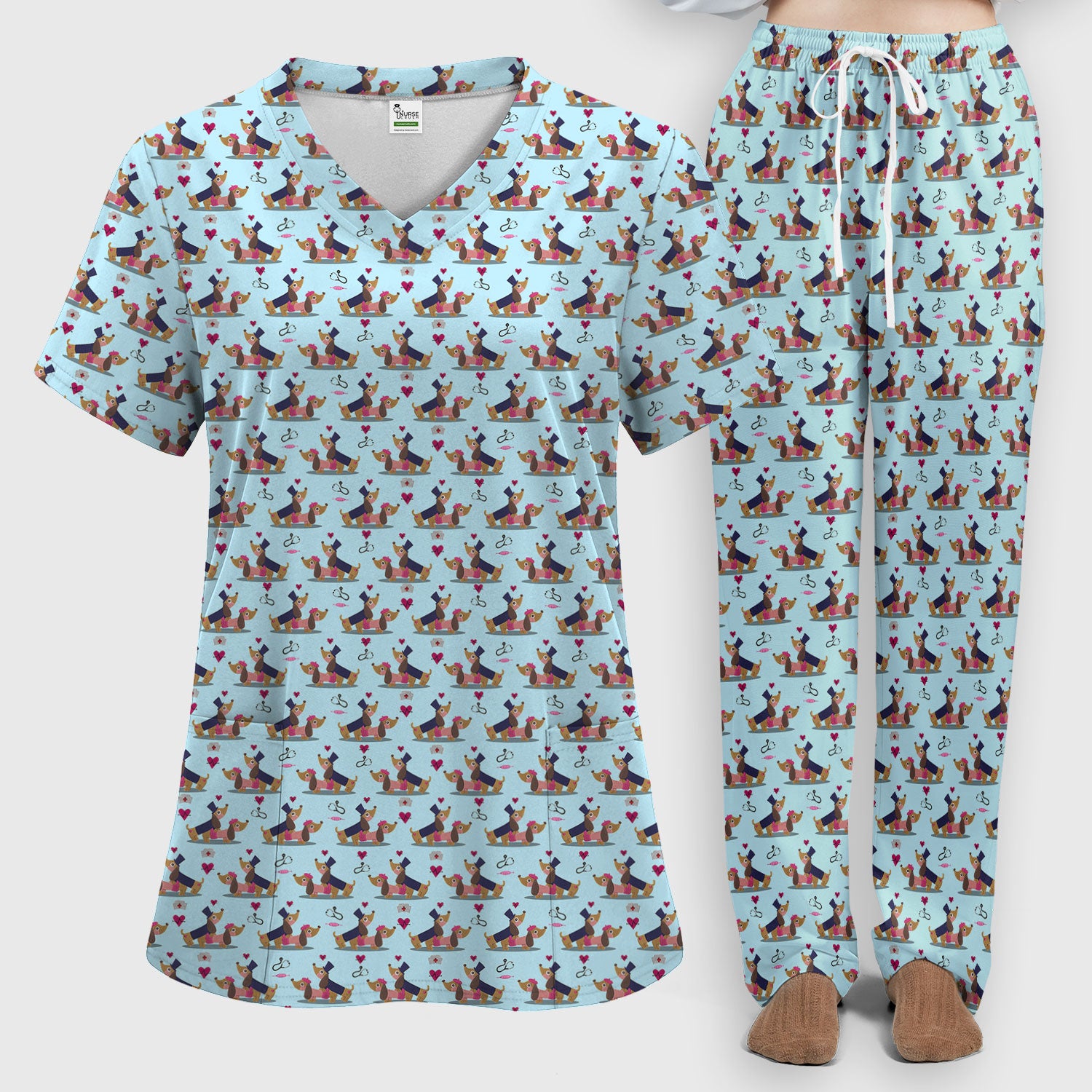 Valentine Dachshund Nurse Scrub Set - Funny Couple Gift for Women