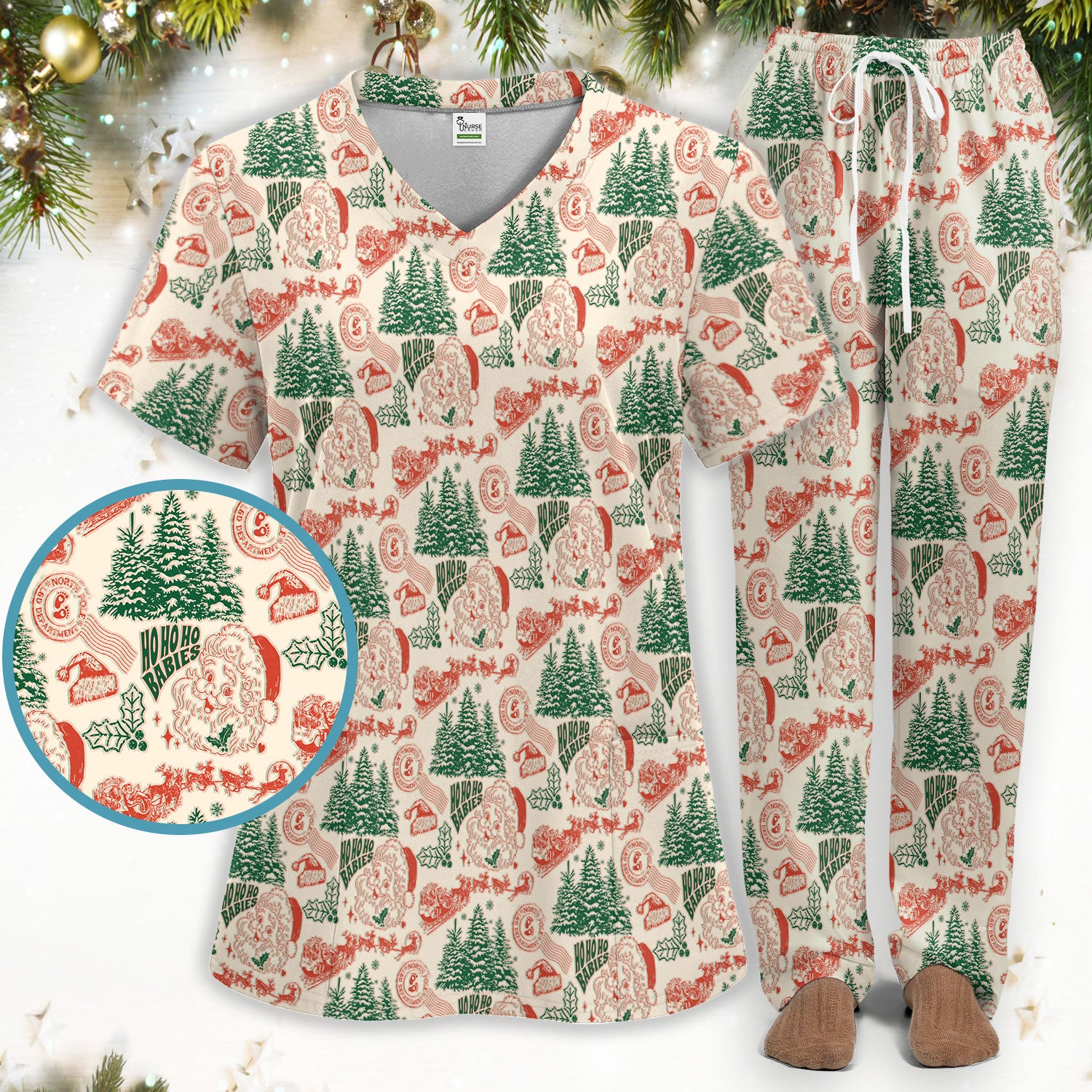 Christmas Santa Scrub Set, Vintage Holiday Nurse Shirt, Festive Medical Uniform For Nursing