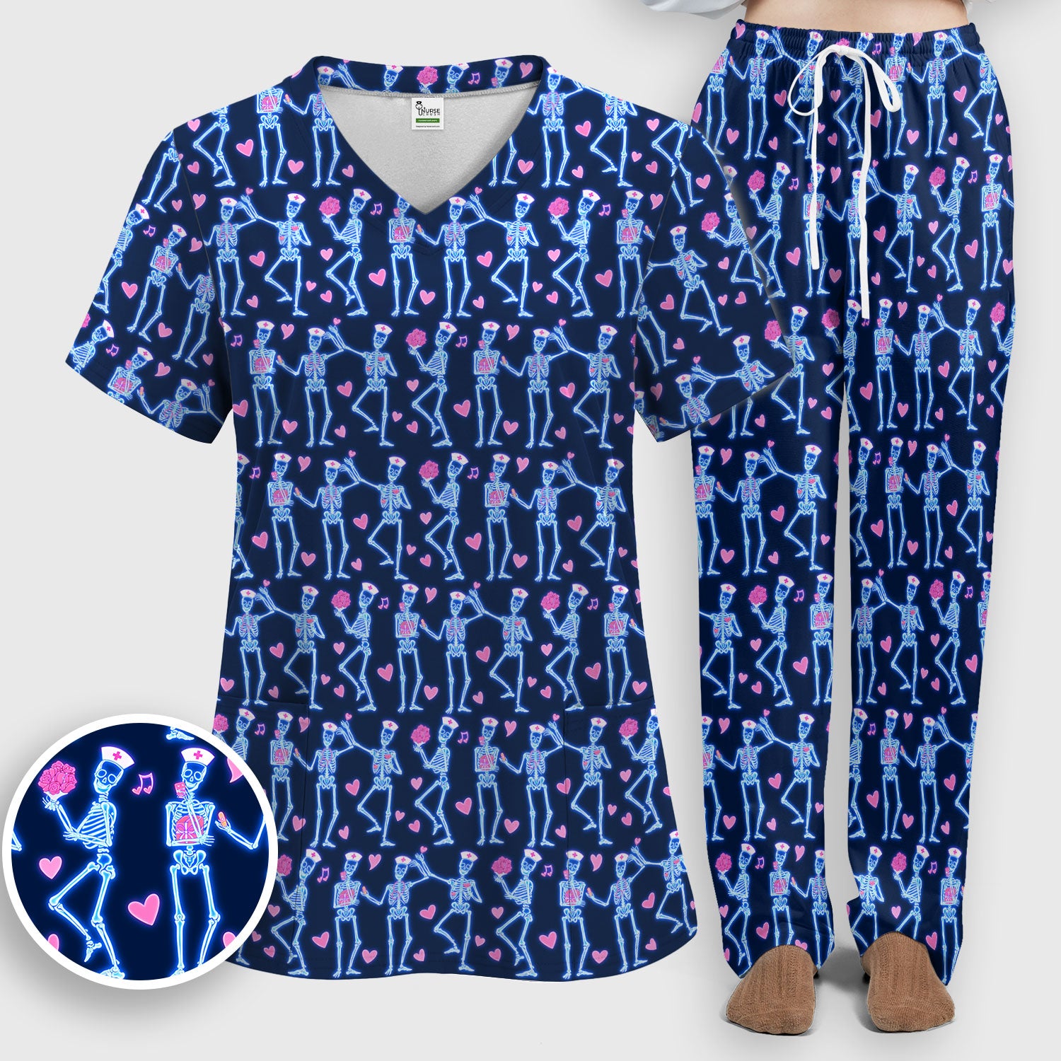 Skeleton Nurse Heart Pattern Scrub Sets, Playful Nurse Style, Scrub Pants and V Neck Top