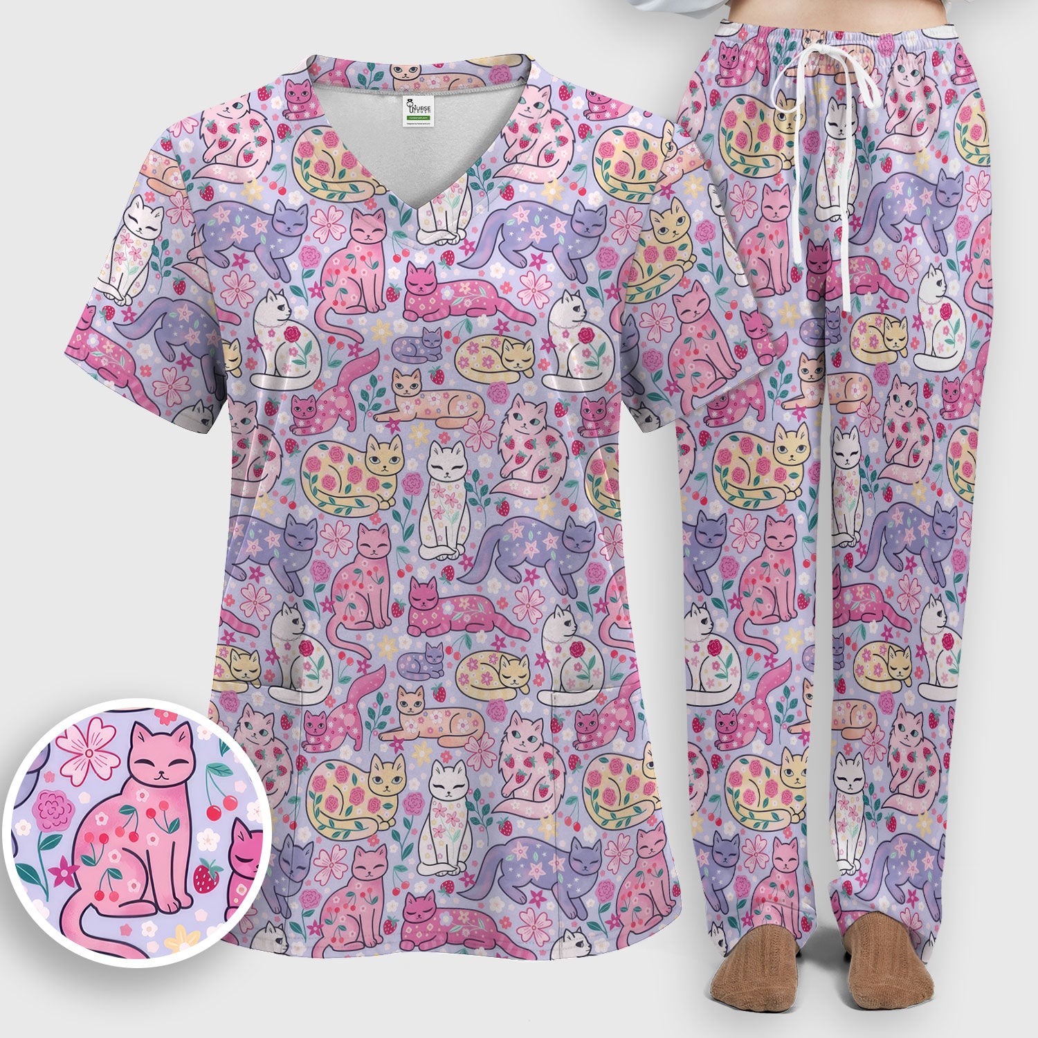 Funny Colorful Pastel Cats Floral Strawberry Print Set, Women's Scrub Sets