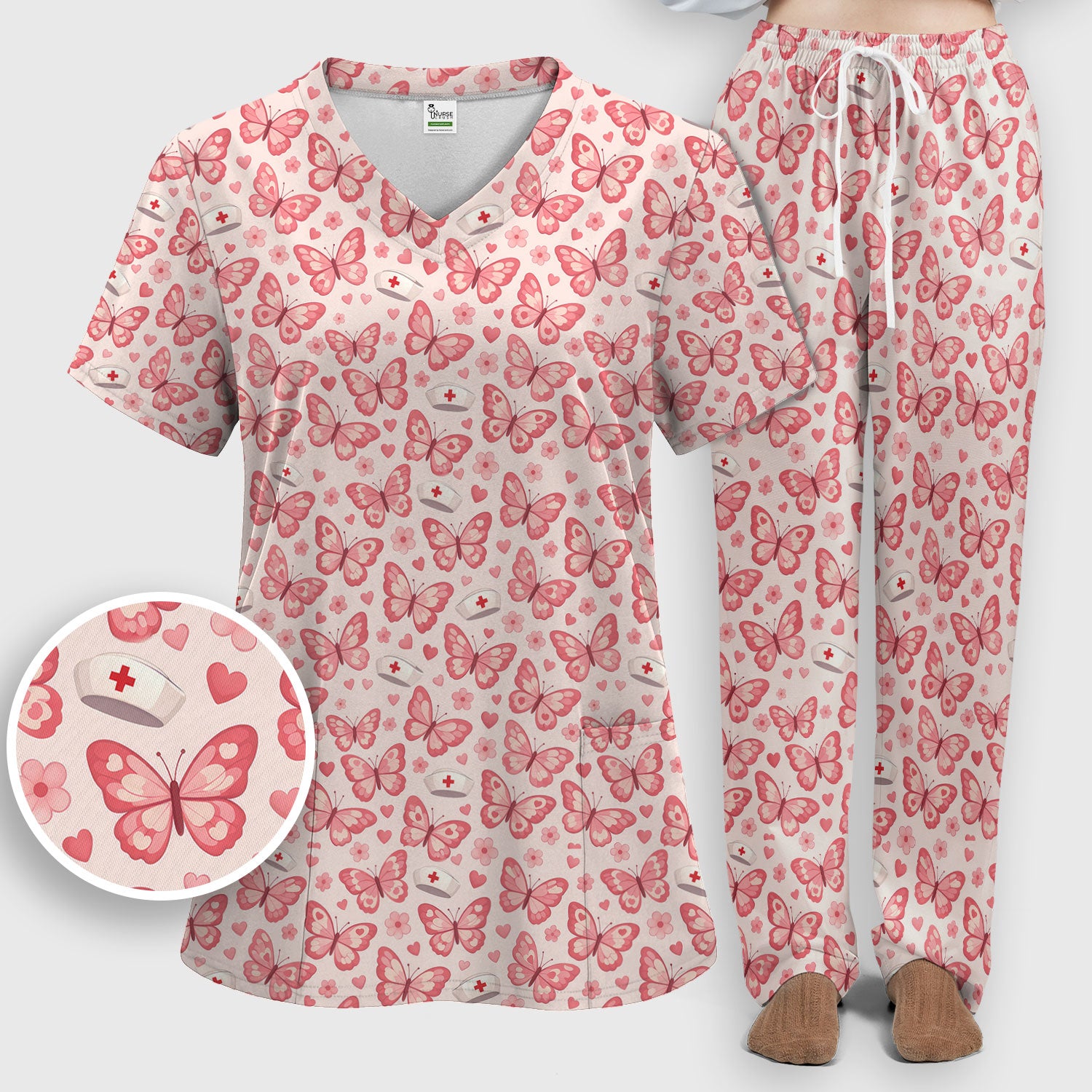 Valentine Butterfly Pattern Nurse Scrub Set, Pink Heart Medical Shirt For Women, Breathable Fabrics Nursing Uniform